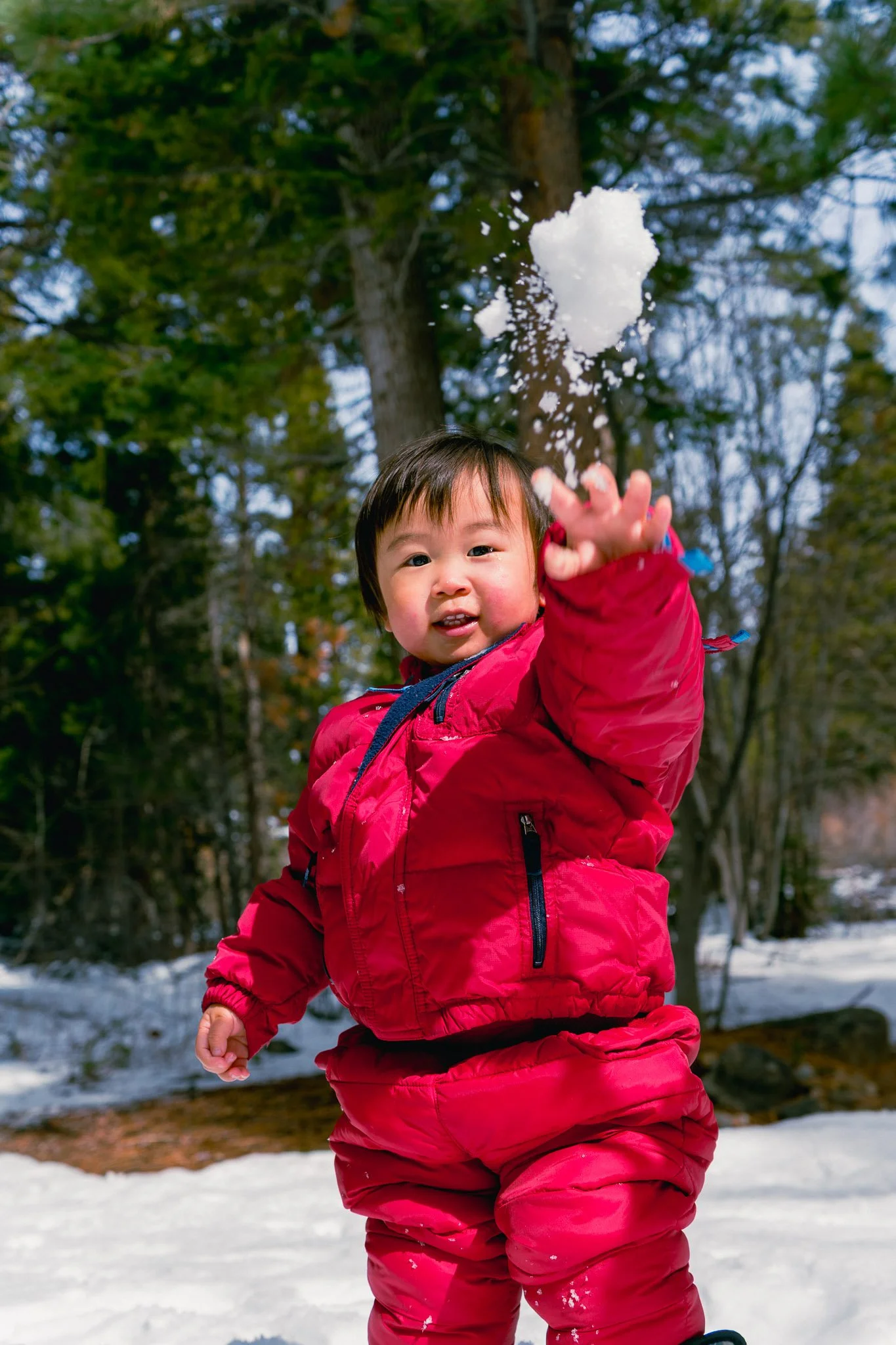A young child in red winter clothing playing in the snow outdoors, with trees in the background.