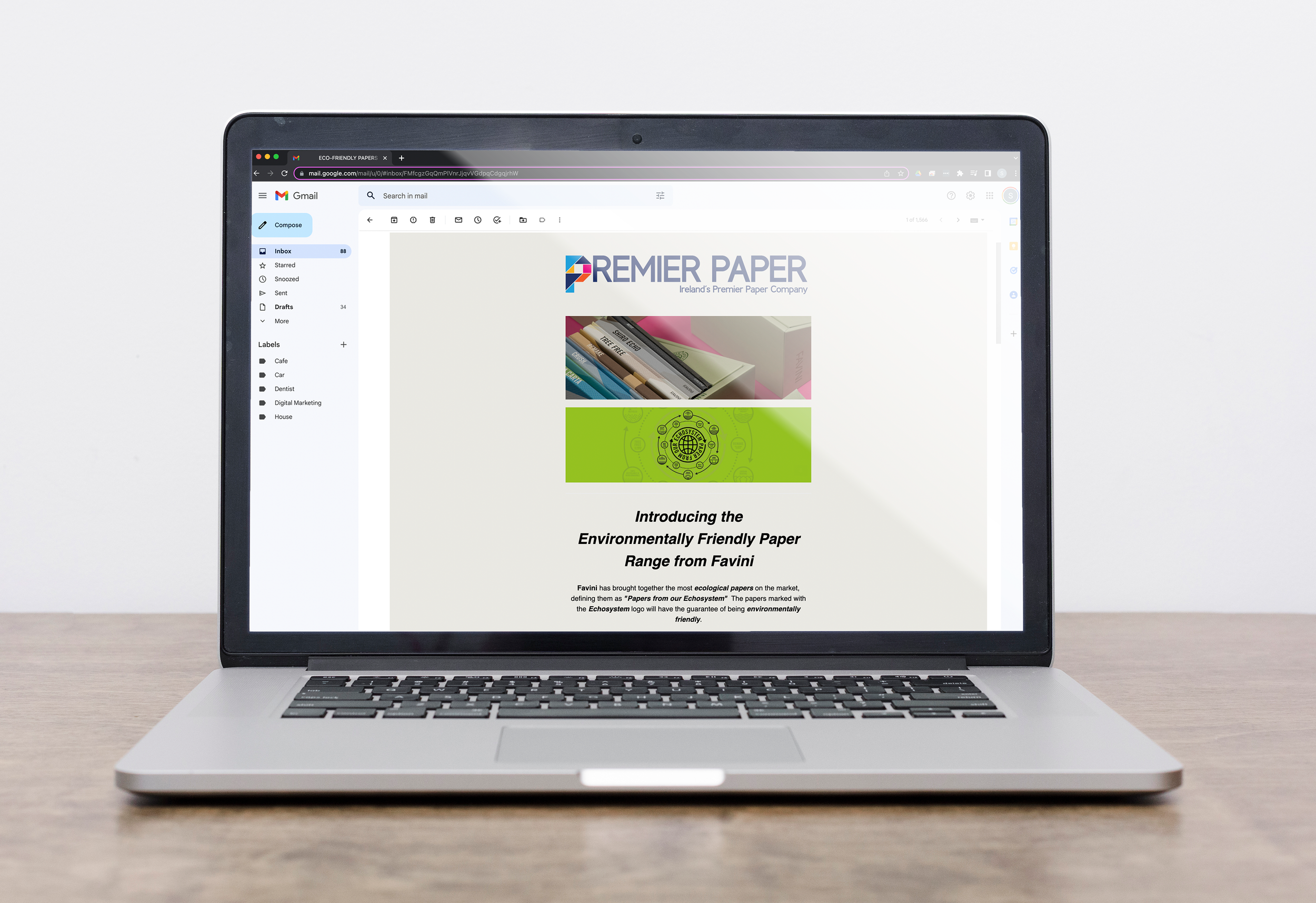 Email newsletter sent to all customers introducing them to Favini's eco-friendly range.
