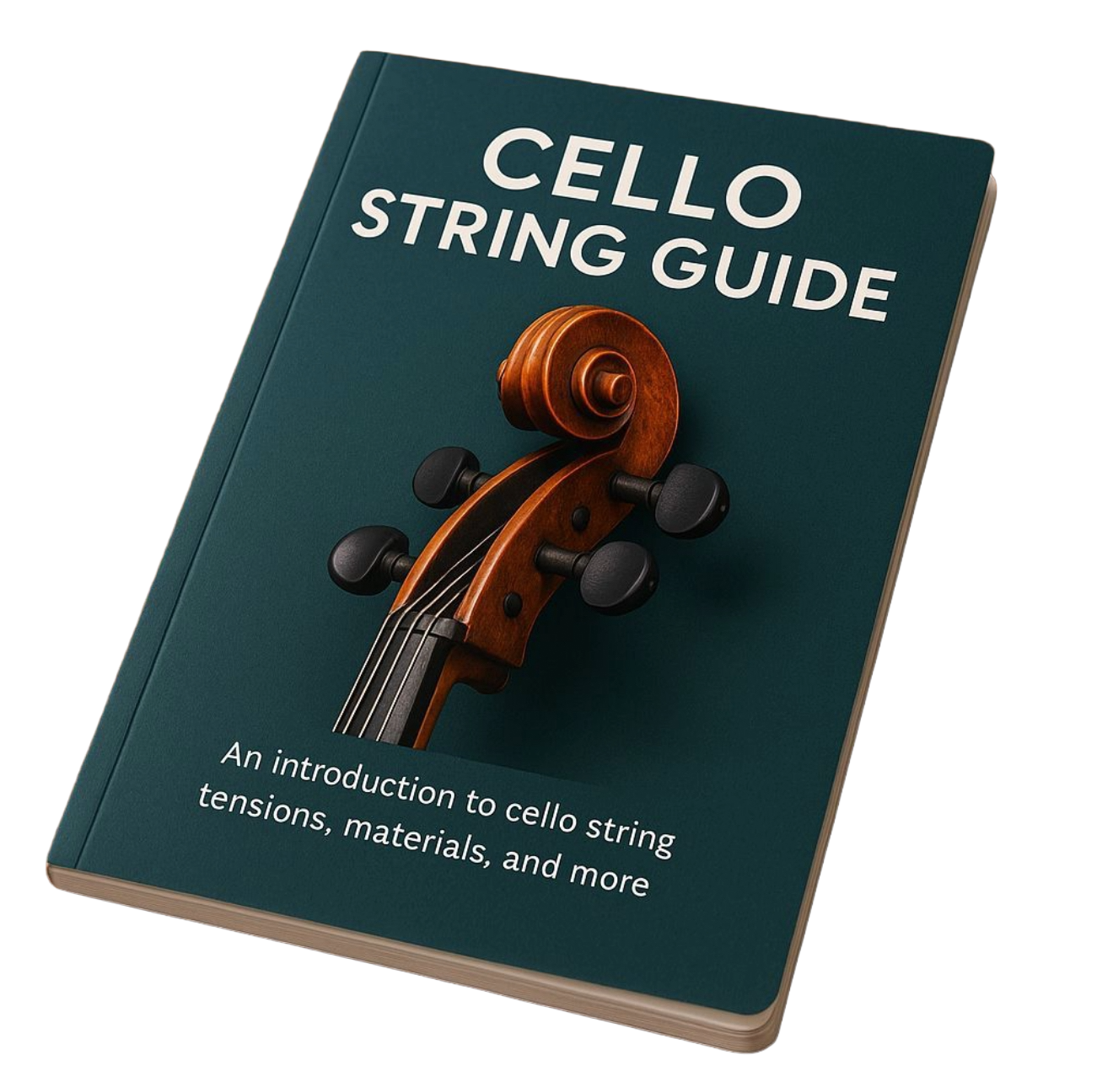 Book titled "Cello String Guide" with a picture of a cello scroll and tuning pegs on the cover.