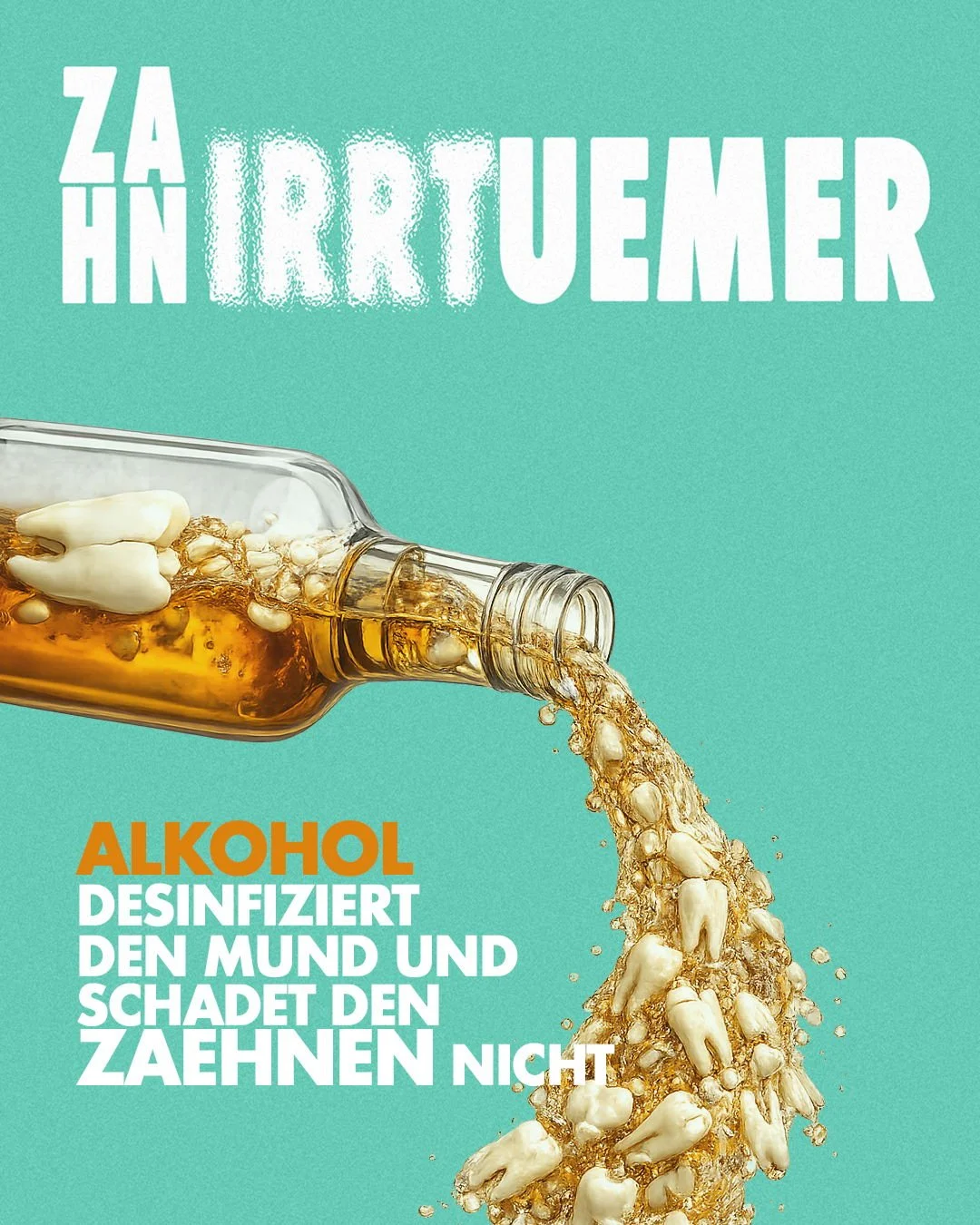 𝐕𝐨̈𝐥𝐥𝐢𝐠 𝐟𝐚𝐥𝐬𝐜𝐡! 🥃
Alkoholkonsum trocknet den Mund aus, verringert den Speichelfluss und beg&uuml;nstigt so Karies und Zahnfleischentz&uuml;ndungen. Zucker- und s&auml;urehaltige Getr&auml;nke greifen zus&auml;tzlich den Zahnschmelz an.
​