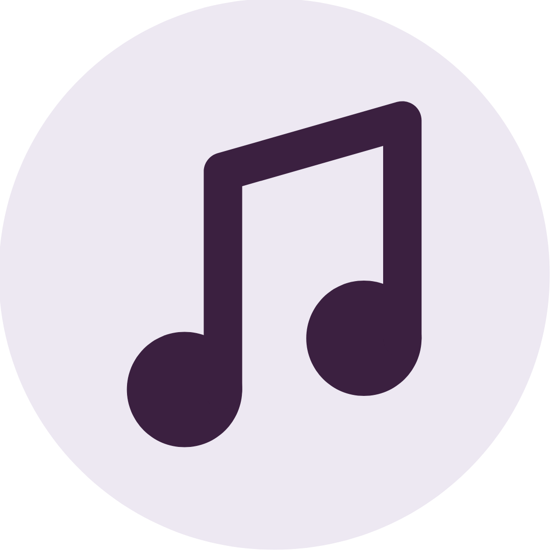 Music note icon on a light purple circular background.