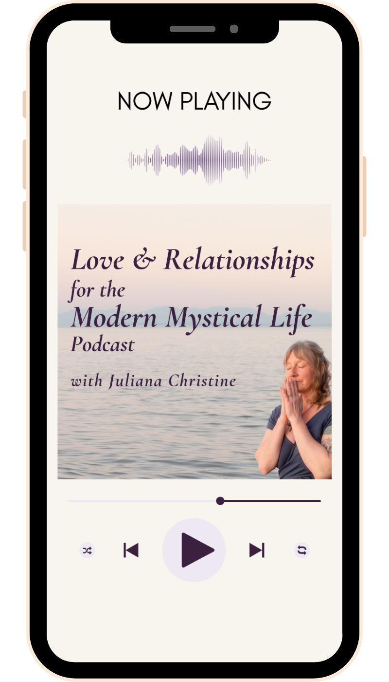 A smartphone screen displaying a podcast app with the episode titled 'Love & Relationships for the Modern Mystical Life' by Juliana Christine, showing playback controls and an image of a woman practicing meditation by a body of water.