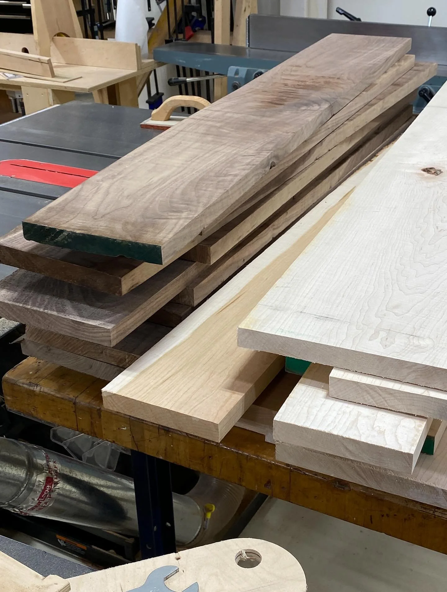 The walnut and maple were stacked up last week for Mike&rsquo;s cutting board class (started last night)  www.thecmwa.com/classes
