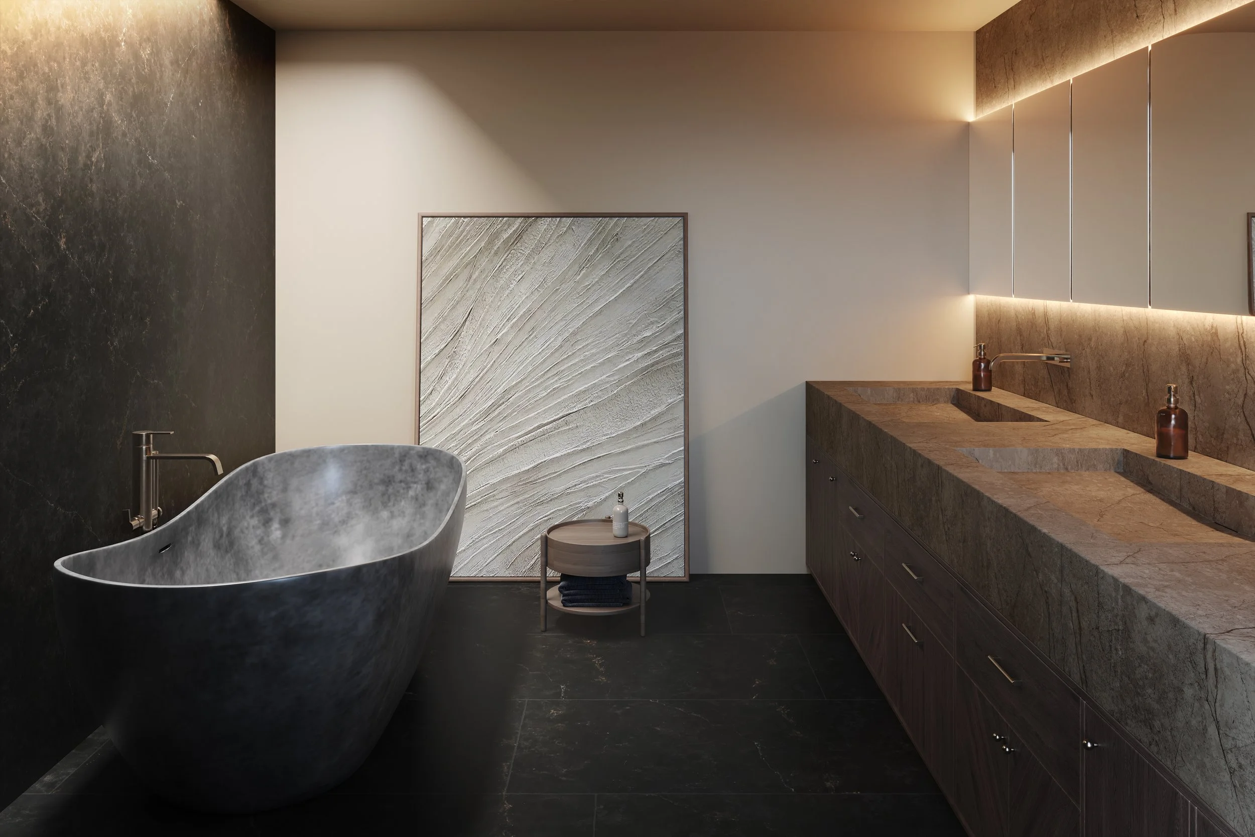 Stylish bathroom featuring ECLOS zero silica quartz countertop and warm, neutral palette