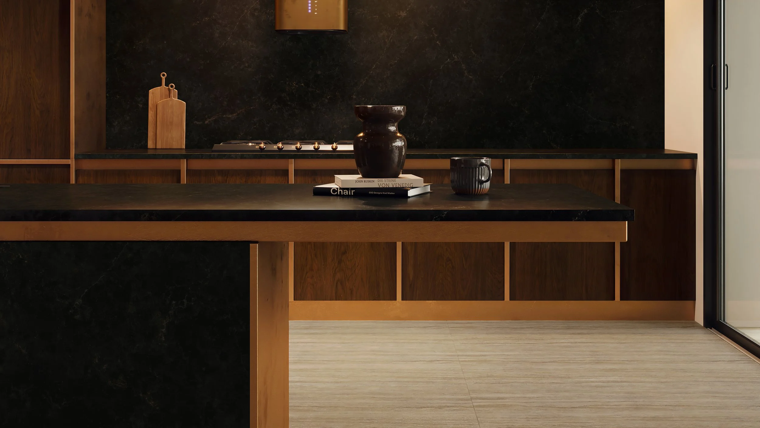 ECLOS countertop installed in kitchen, showing natural depth, texture, and light reflection