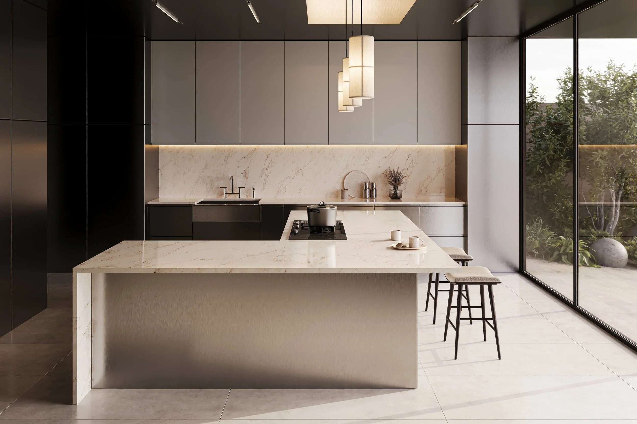 ECLOS quartz countertop in a kitchen with warm textures, natural light, and sleek fixtures