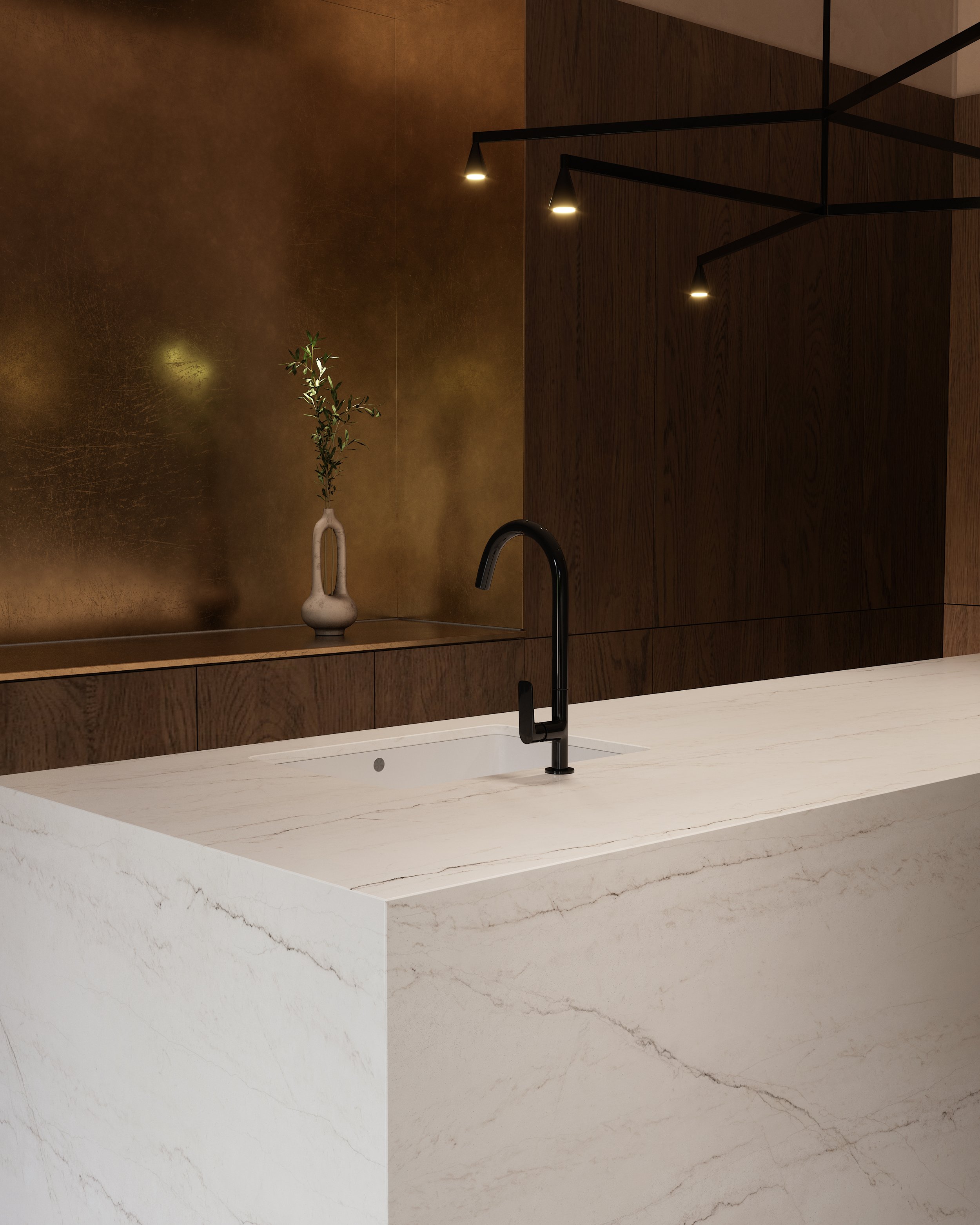 Modern kitchen with ECLOS zero silica quartz island countertop, layered veining, and natural light highlighting texture