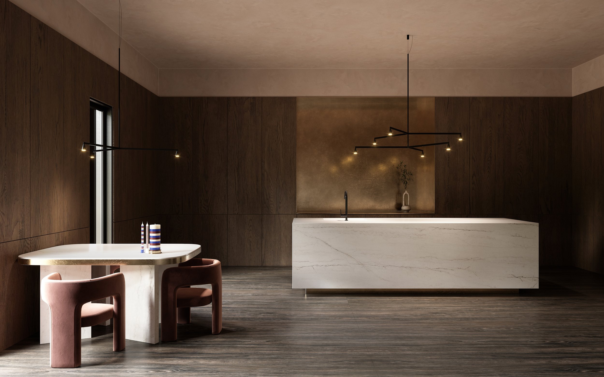 Kitchen island with ECLOS quartz surface, integrated sink, and warm, inviting finishes