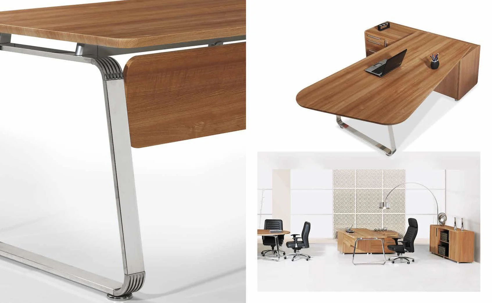 Modern office furniture set with a wooden desk, black office chairs, and a wooden sideboard in a bright, minimalist room.