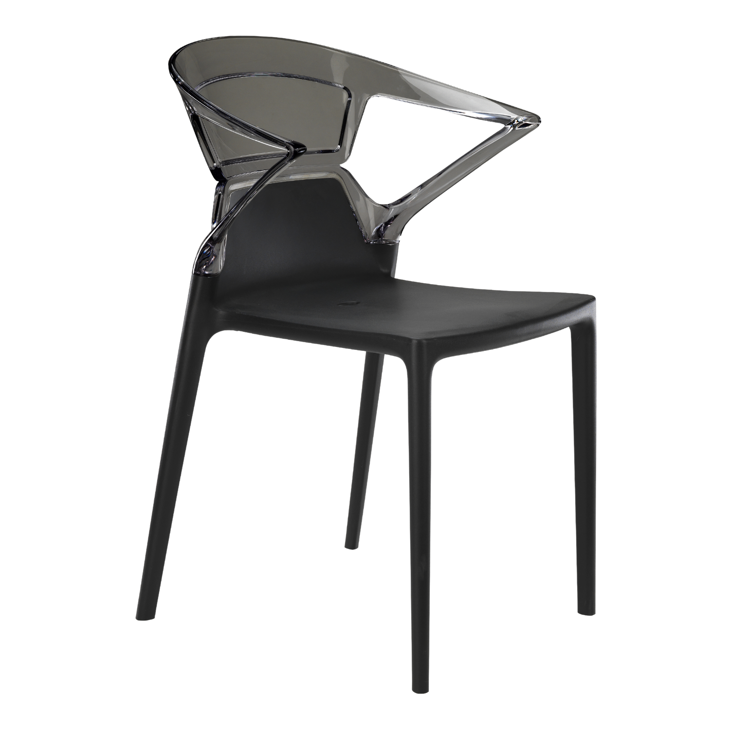 Modern black chair with a transparent plastic backrest.