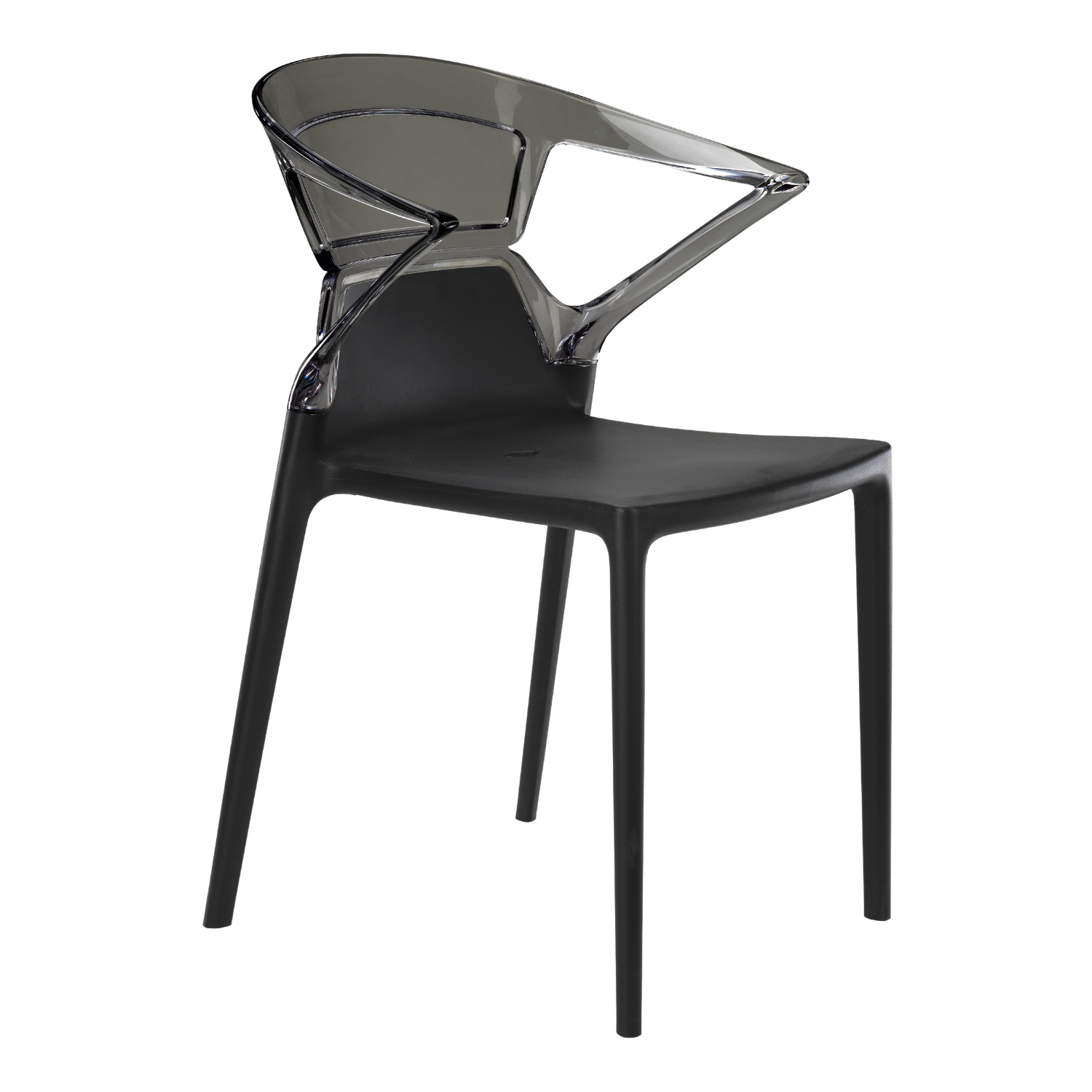 Modern chair with a black seat and legs, and an attached transparent plastic backrest and armrest.