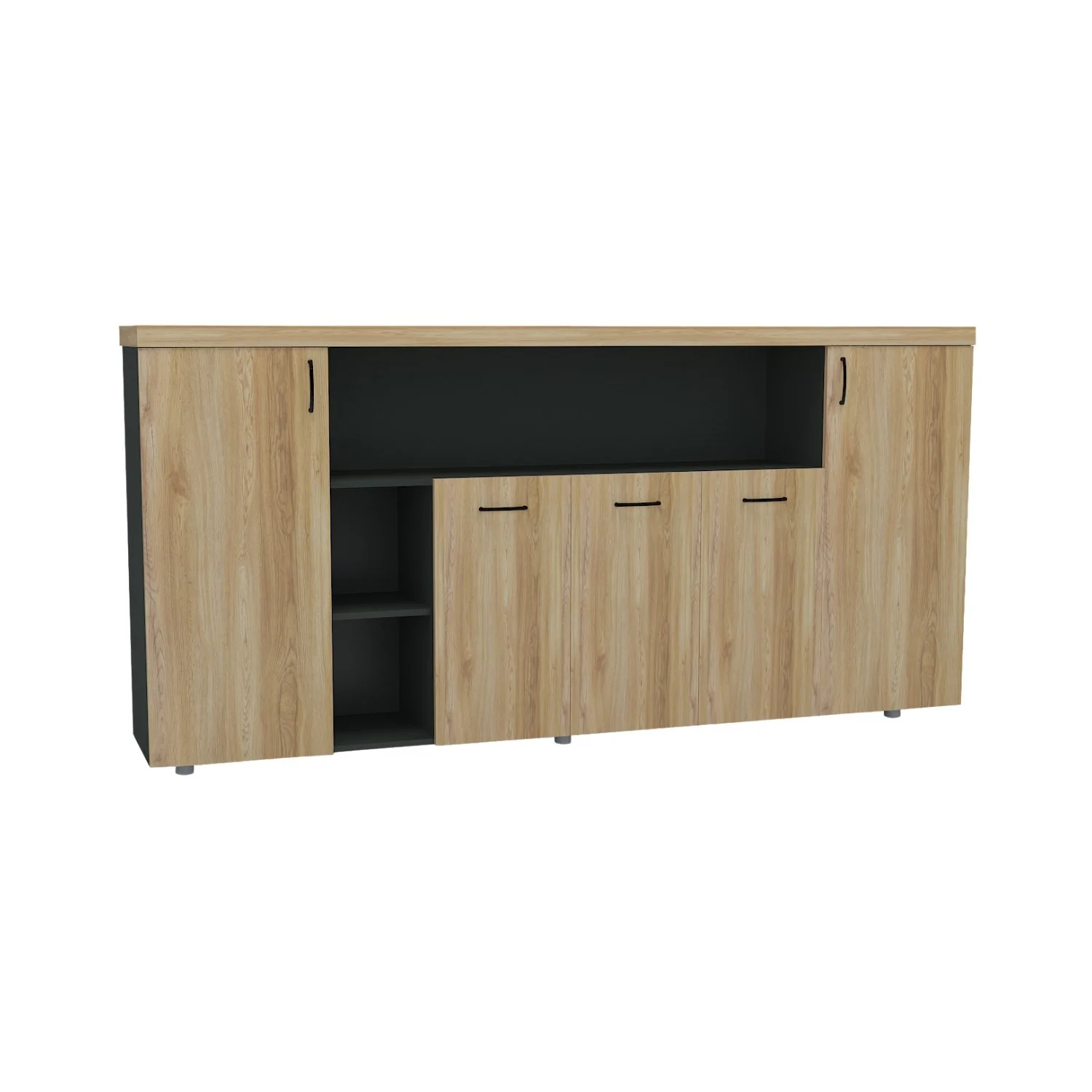 Modern wooden sideboard with black interior accents and open shelving