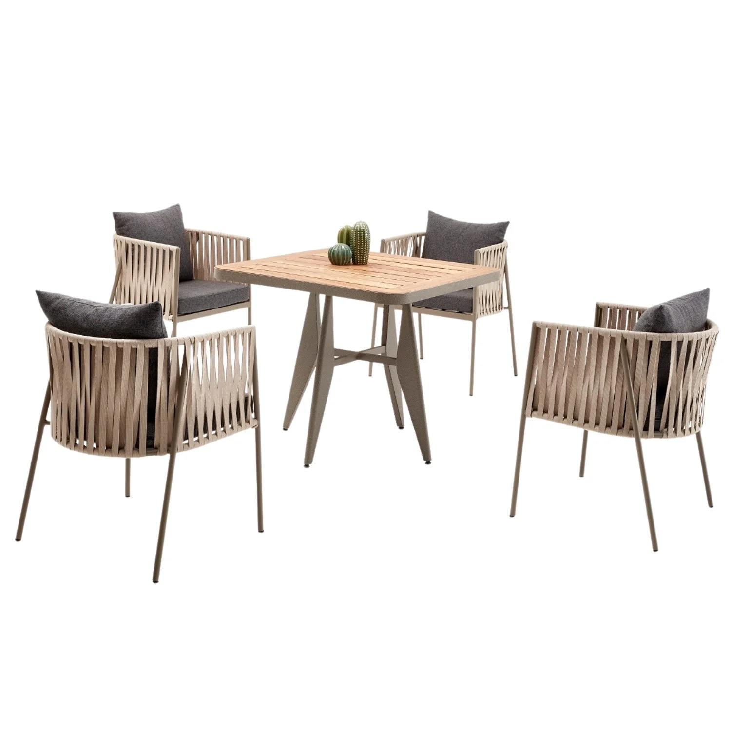 Outdoor dining set with a wooden table, four beige woven chairs with gray cushions, and three decorative cacti on the table.