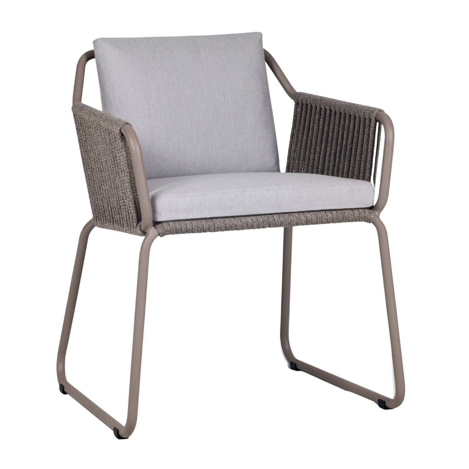 A modern chair with a metal frame, light gray cushioned seat and back, and woven fabric armrests in a darker shade of gray.