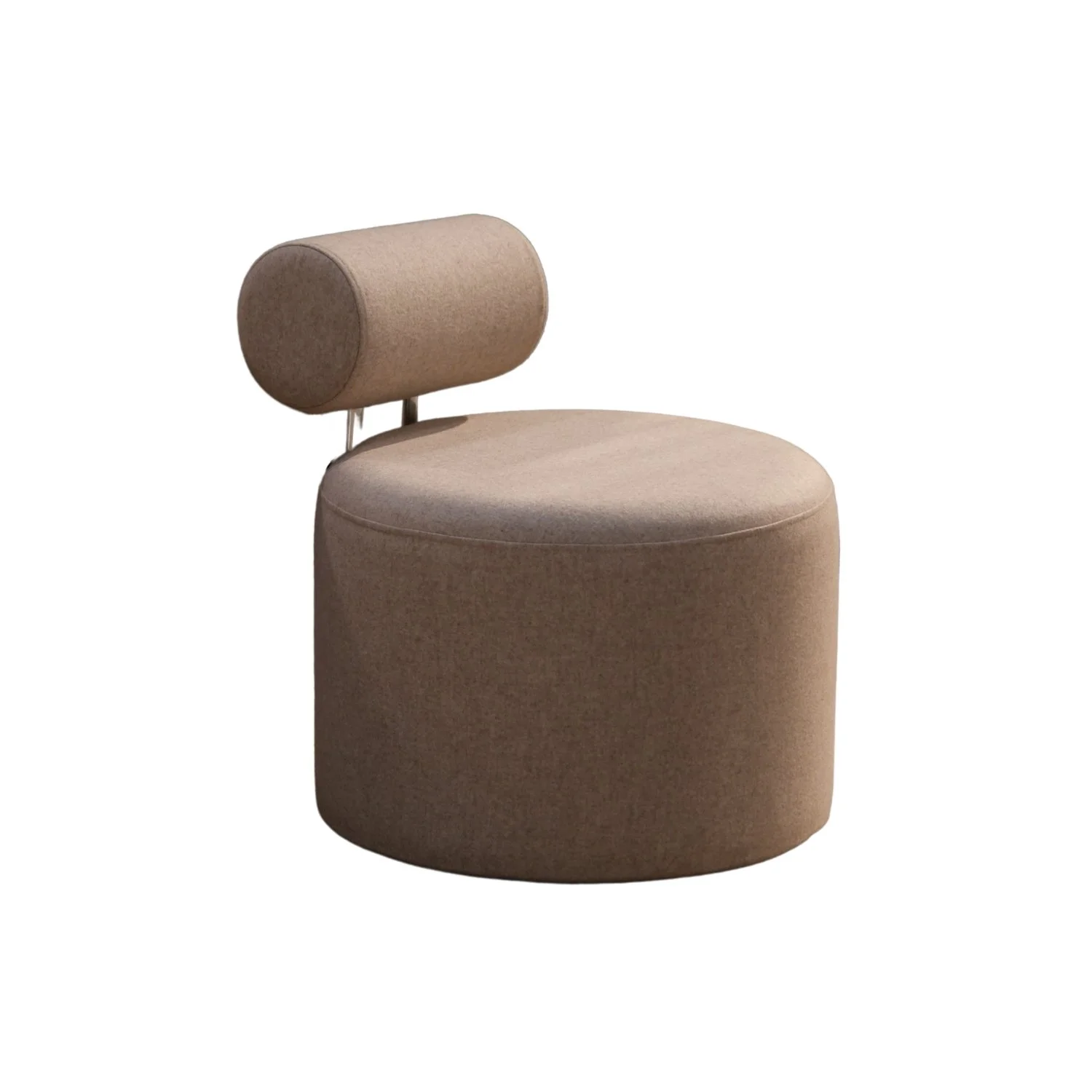 A modern beige upholstered chair with a round base and a small cylindrical backrest.