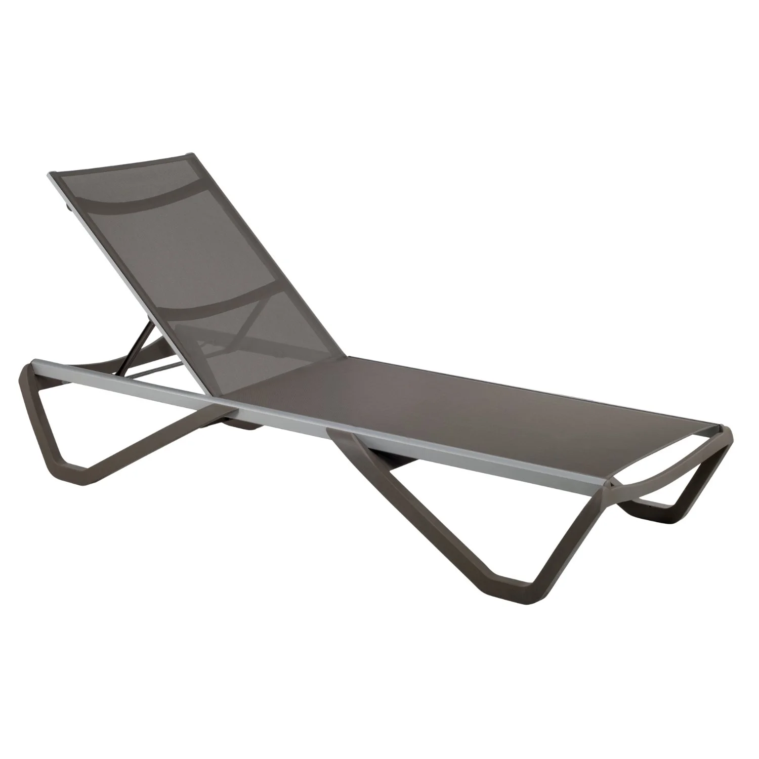 Gray outdoor lounge chair with a mesh material, adjustable backrest, and metal frame.