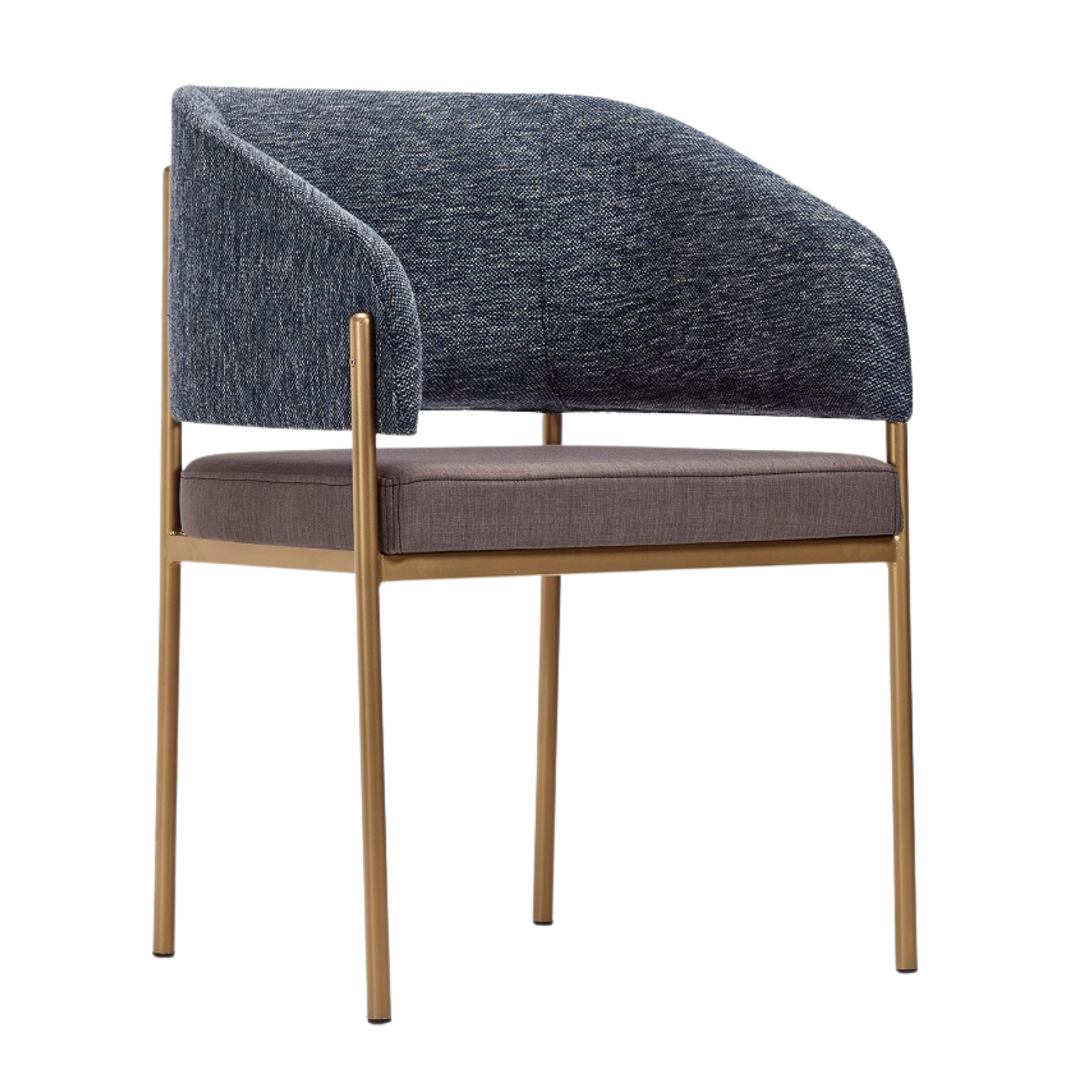 A modern armchair with a curved backrest, upholstered in blue fabric, with a cushioned seat in gray fabric, supported by four light wooden legs.