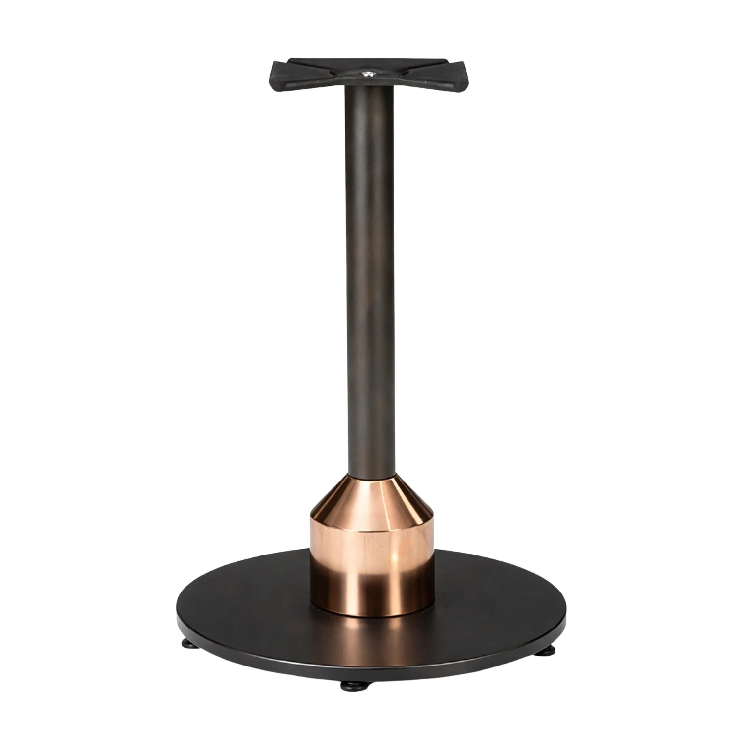 A black stand with a round metal base, a copper-colored cone, and a tall black pole.