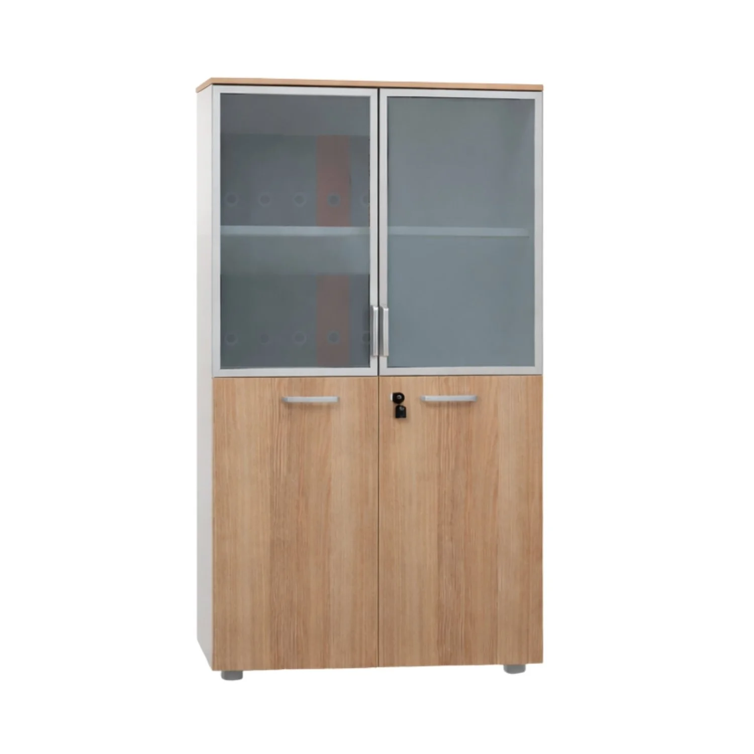 A wooden and metal cabinet with glass doors and silver handles, used for storage in an office or lab.