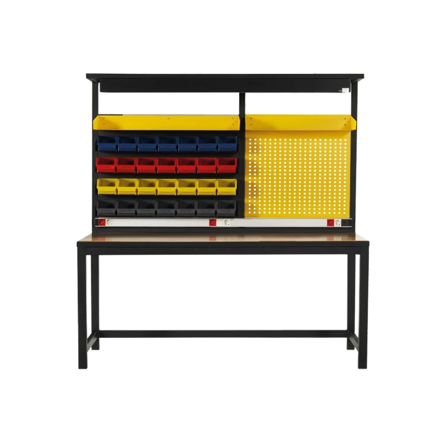 Workshop with modular storage bins in yellow, red, blue, and black on a black workbench.