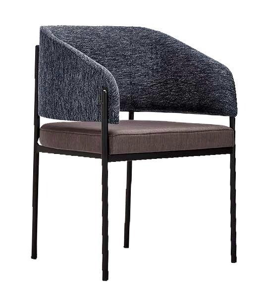 A modern armchair with a curved backrest, upholstered in dark gray fabric, with a cushioned seat and black metal legs.