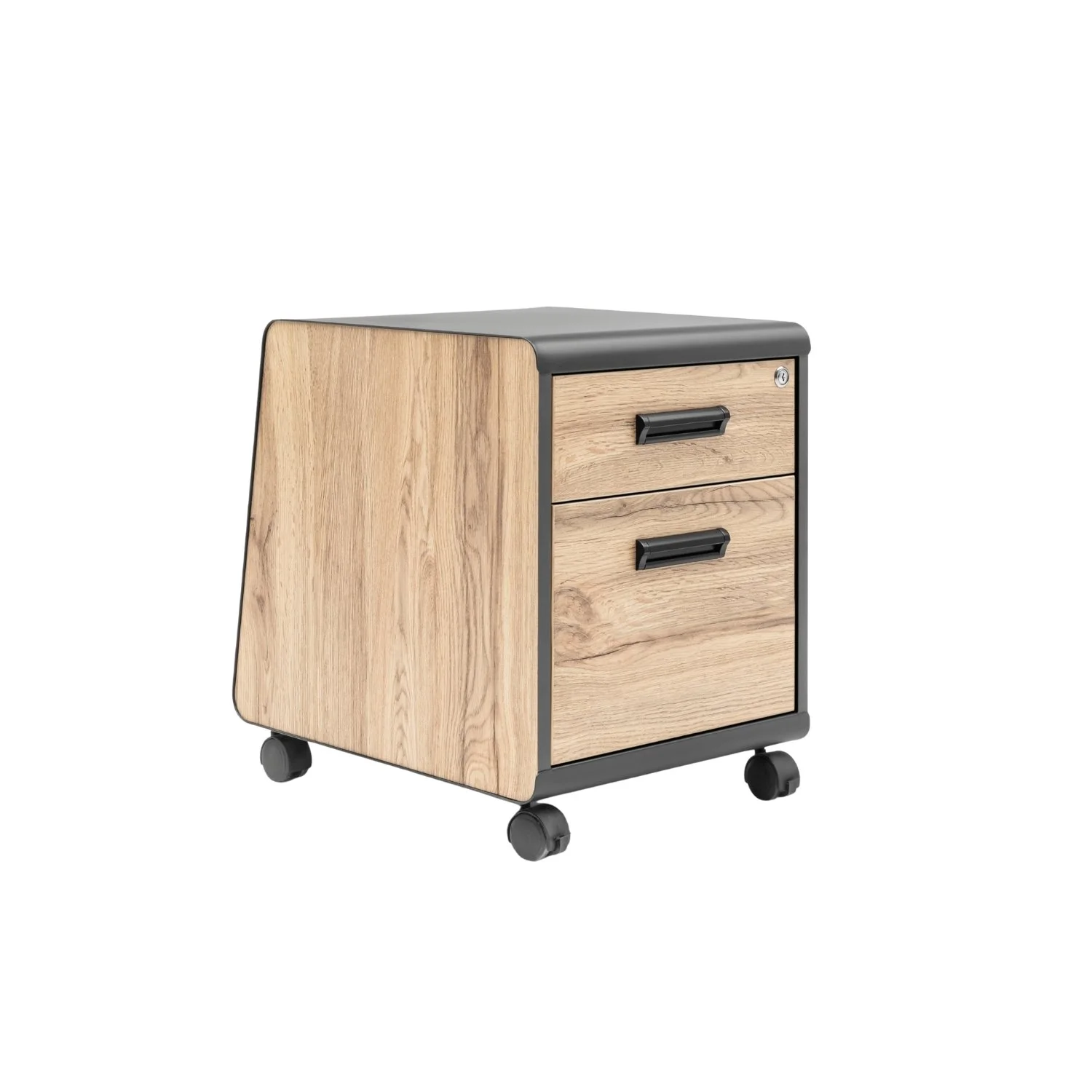 Wooden and black mobile filing cabinet with two drawers and caster wheels