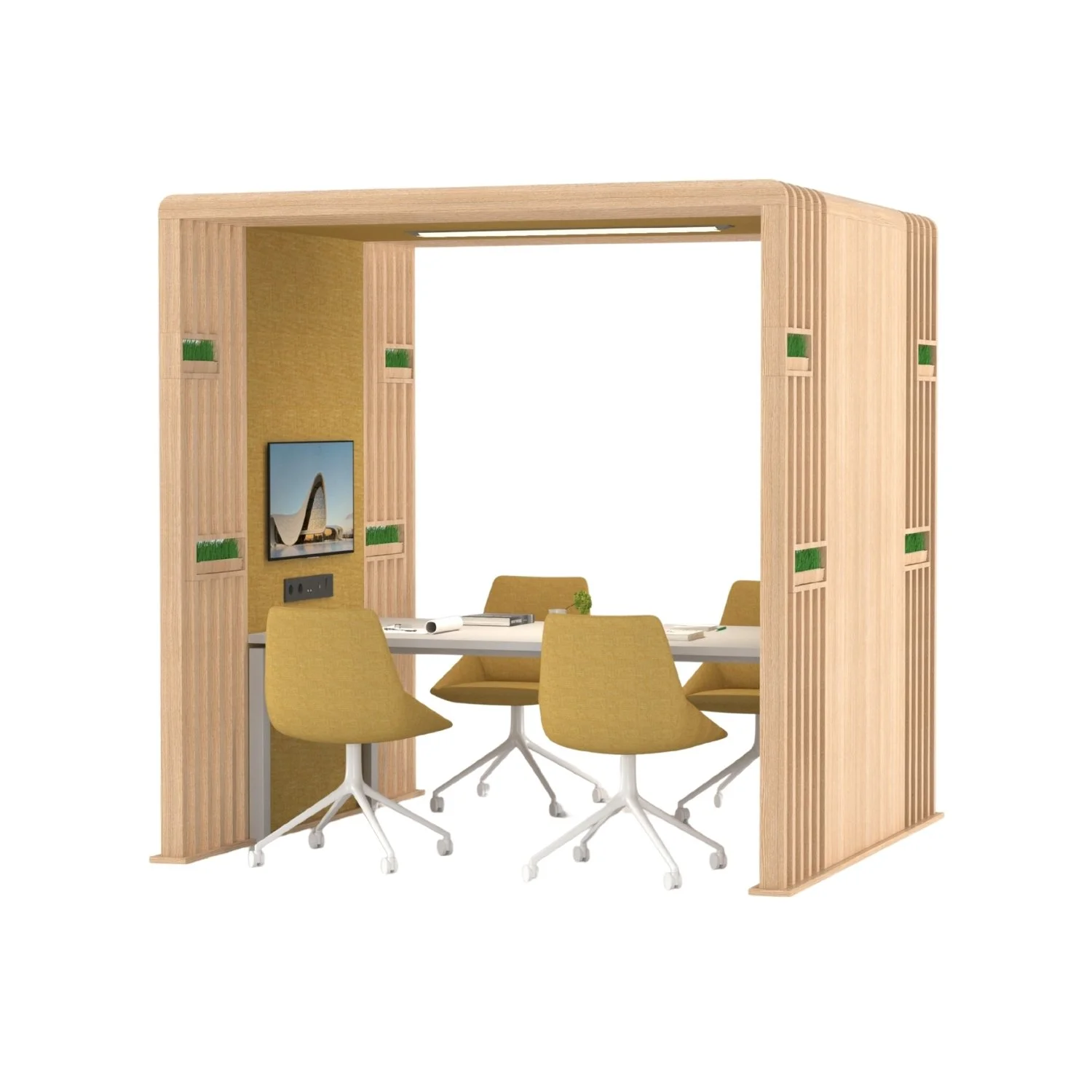 Modern office meeting space with a table, four yellow chairs, a wall-mounted TV, and wooden partition walls.