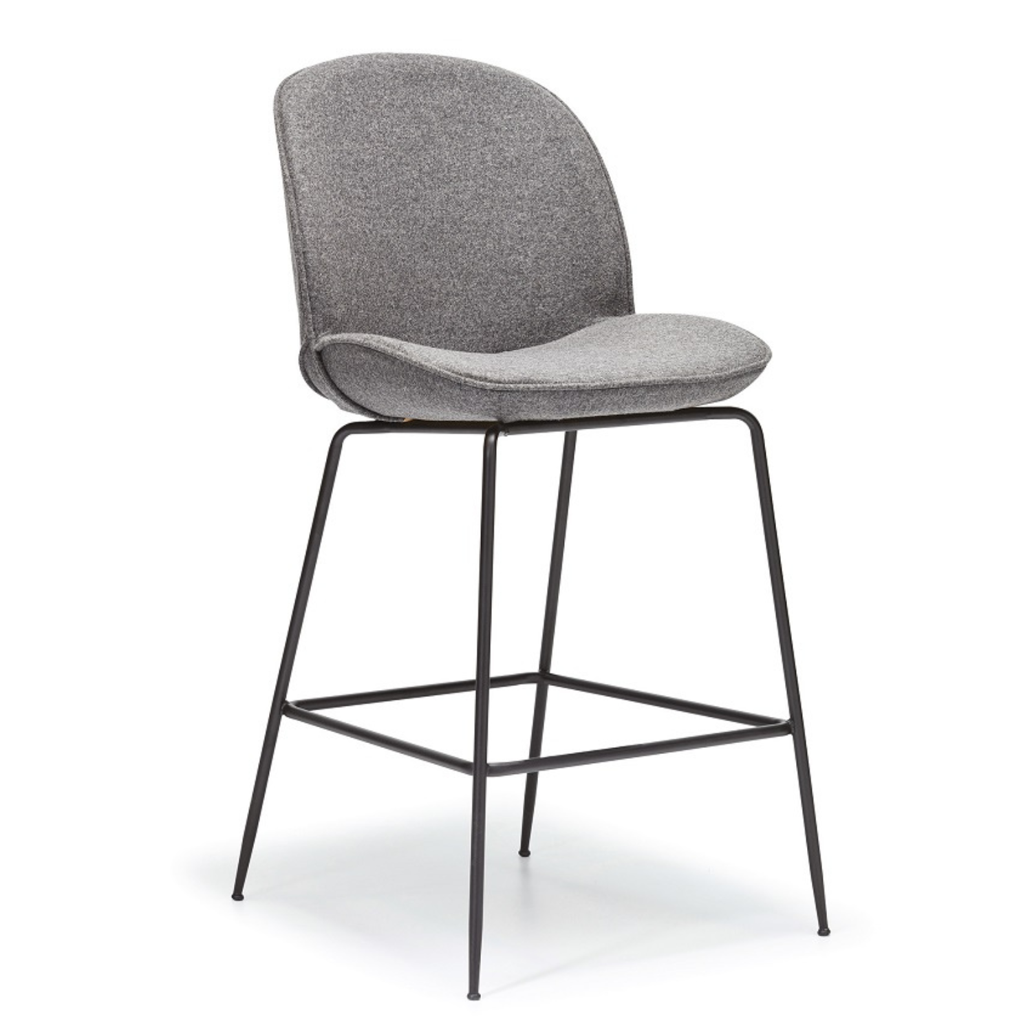 A modern gray upholstered barstool with a curved backrest, cushioned seat, and black metal frame with four slender legs and a footrest.