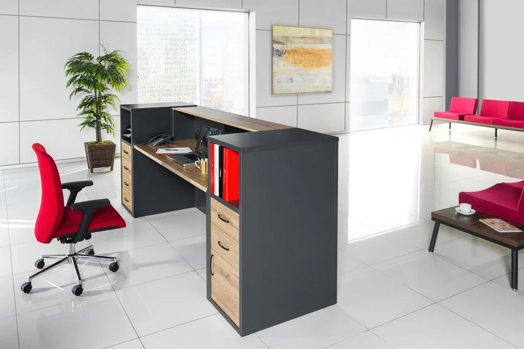 Modern office reception area with a desk, red office chair, red seating in the background, a potted plant, and a large window with city view.