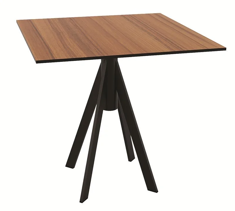 Modern wooden table with a square top and black angled legs.