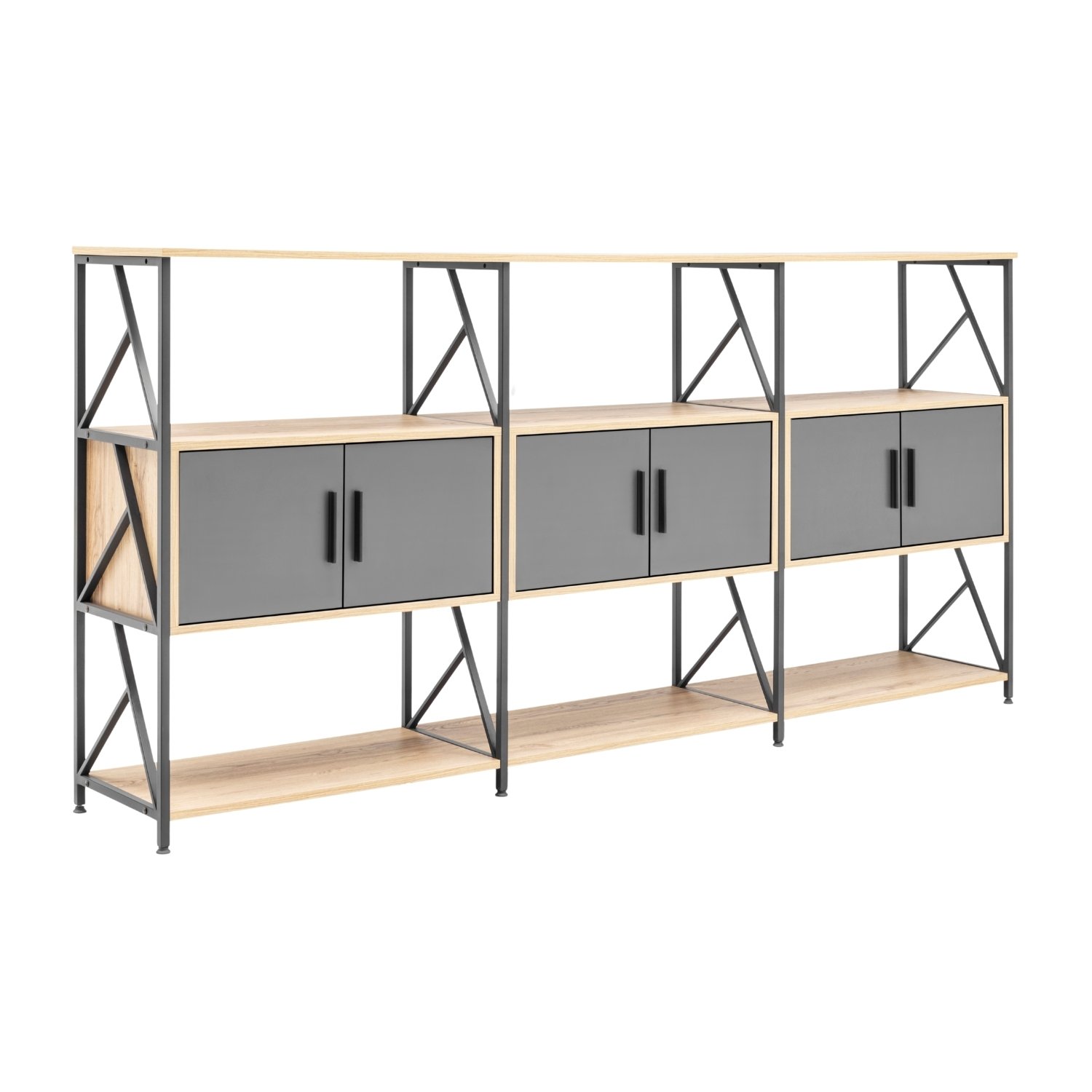 A modern, multi-tiered wooden and metal storage shelf with three sections, each featuring a closed cabinet with black handles.