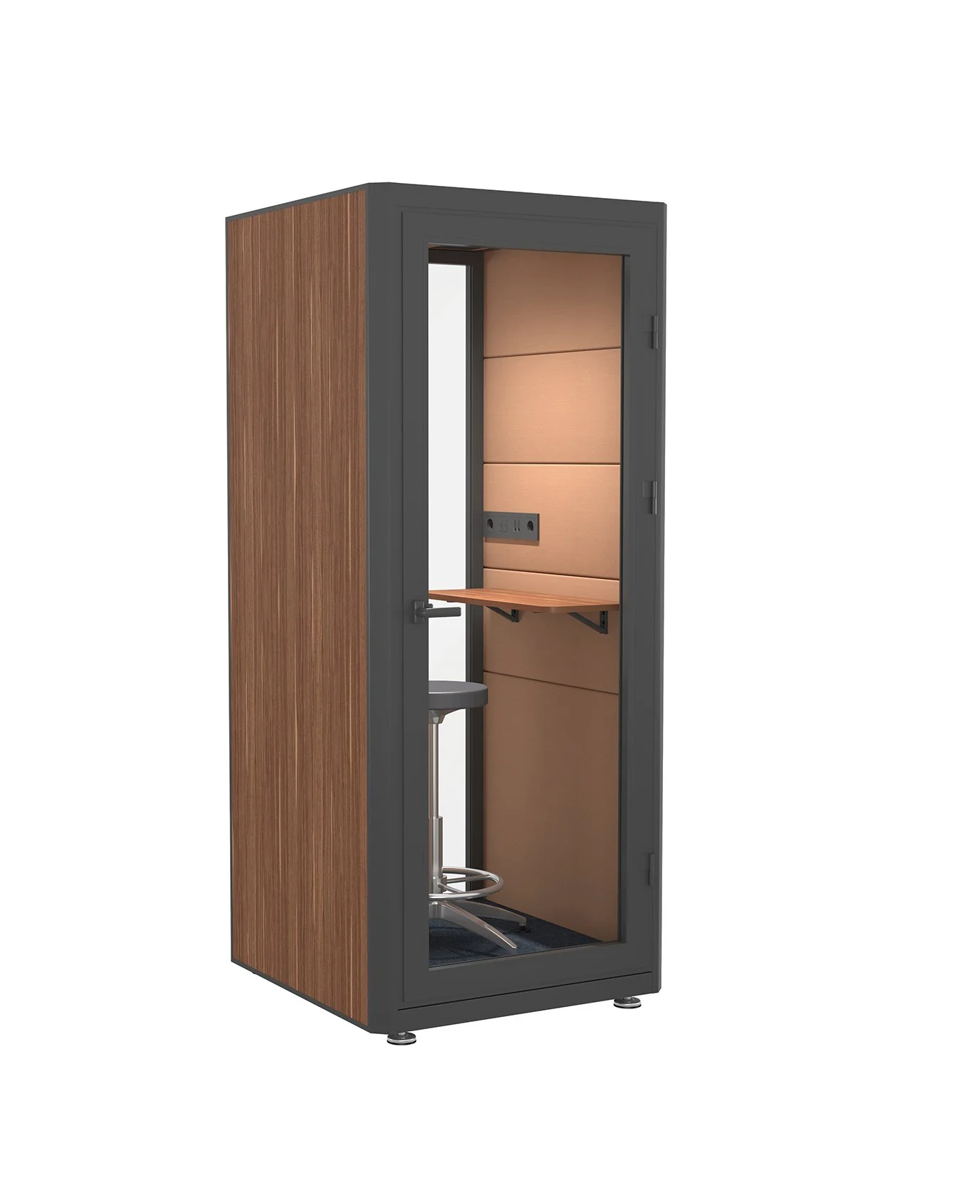 A modern soundproof phone booth with wooden exterior and interior paneling, equipped with a built-in desk, electrical outlets, and a swivel chair.