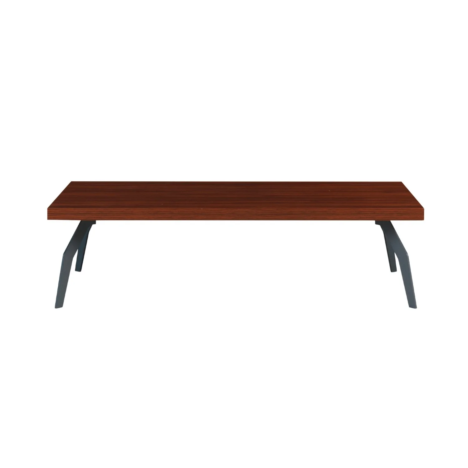 A modern rectangular wooden table with black angled metal legs.