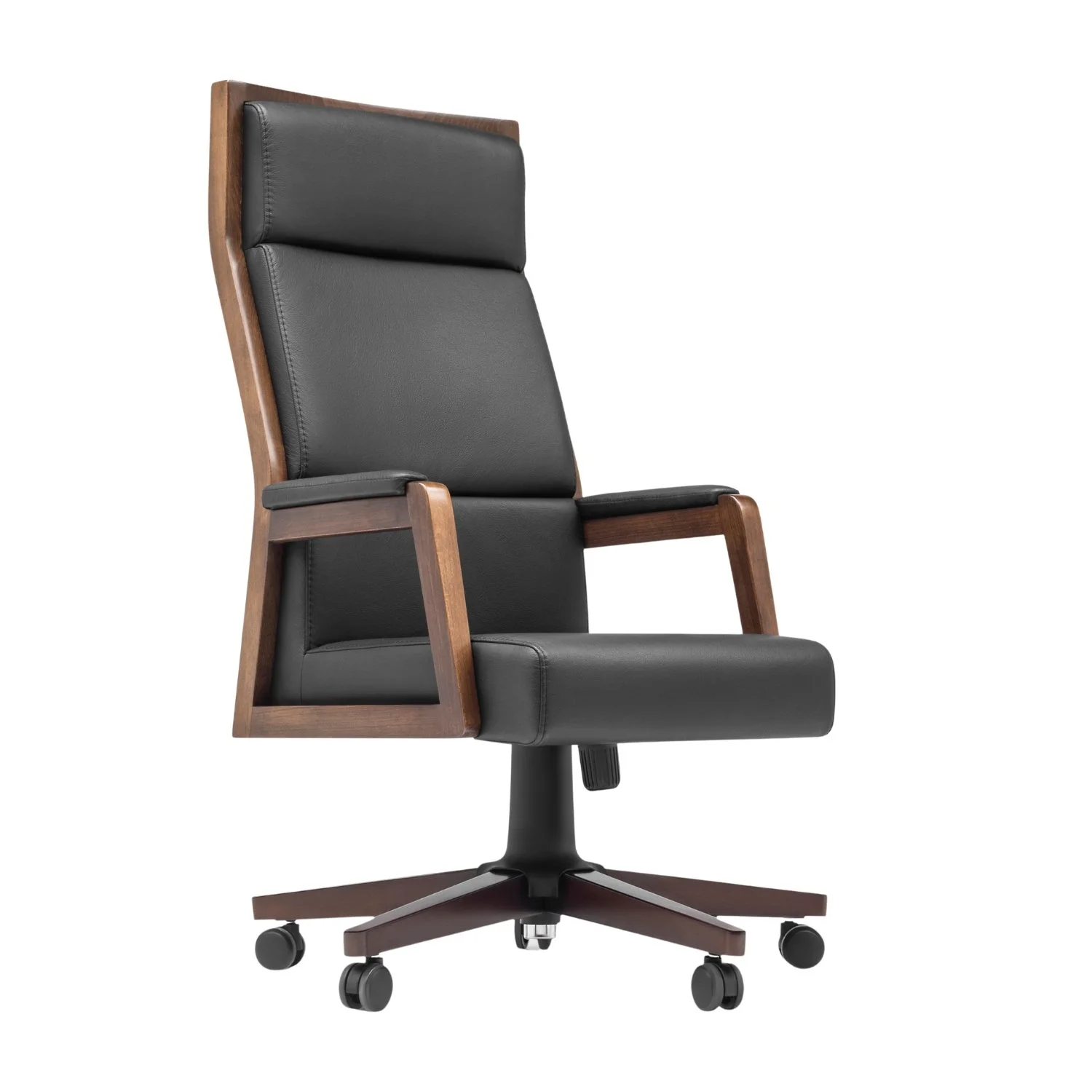 A black leather office chair with wooden arms and a high backrest, on a five-star wheeled base.