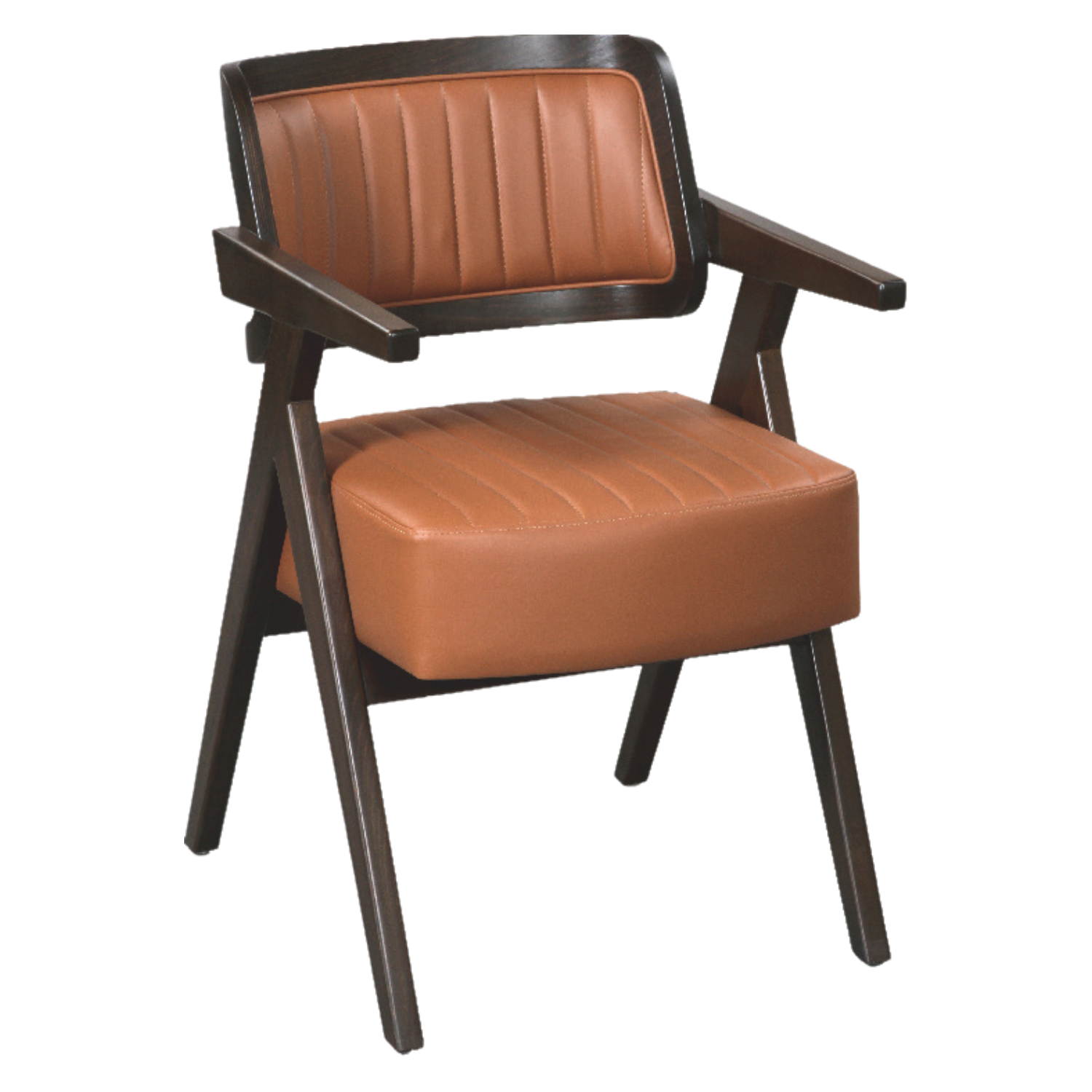 A vintage-style chair with a dark wooden frame and tan leather upholstery, featuring a padded seat and a slatted backrest.