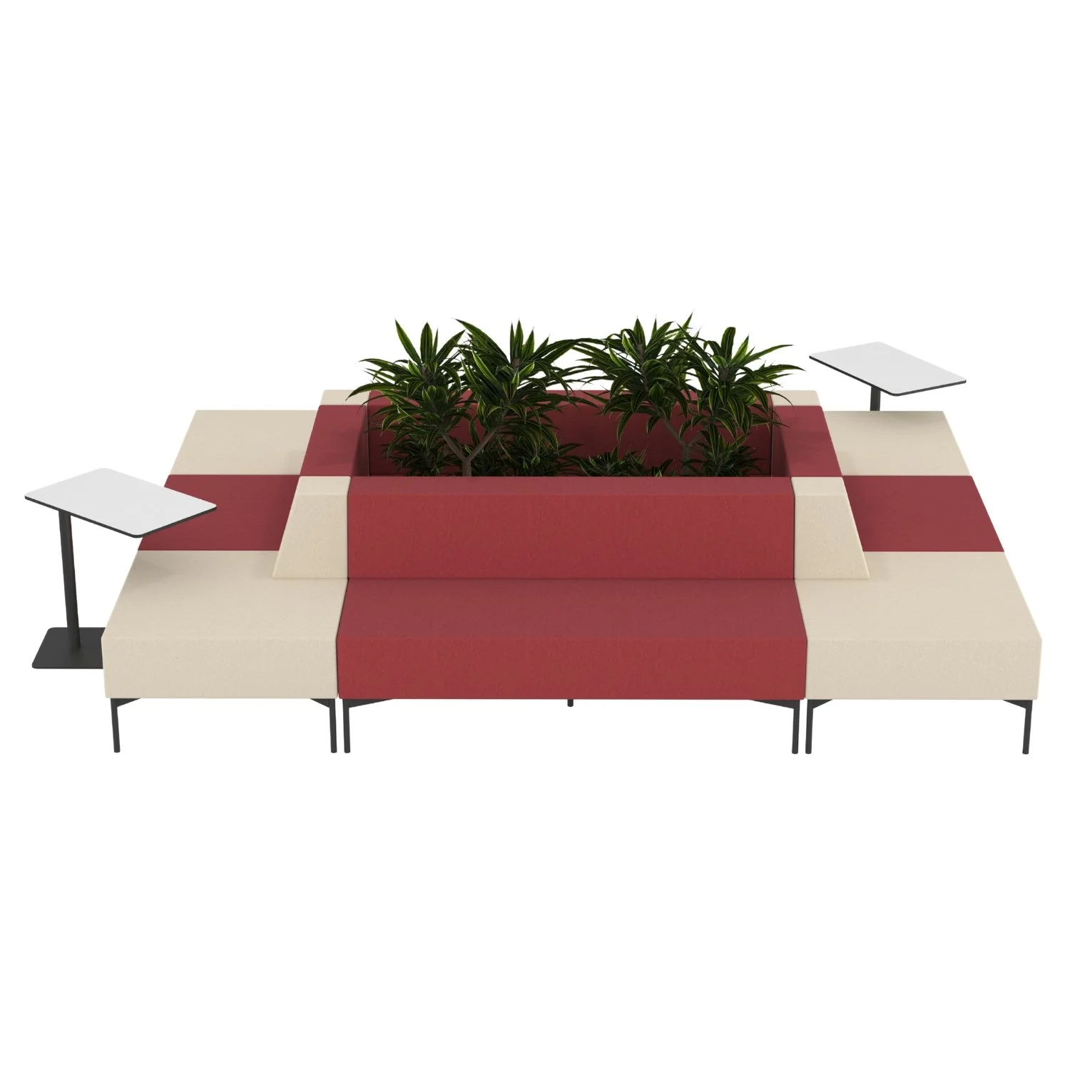 Modern sofa with built-in green plants in the center, red and white cushions, and small side tables on either side, minimalistic design.