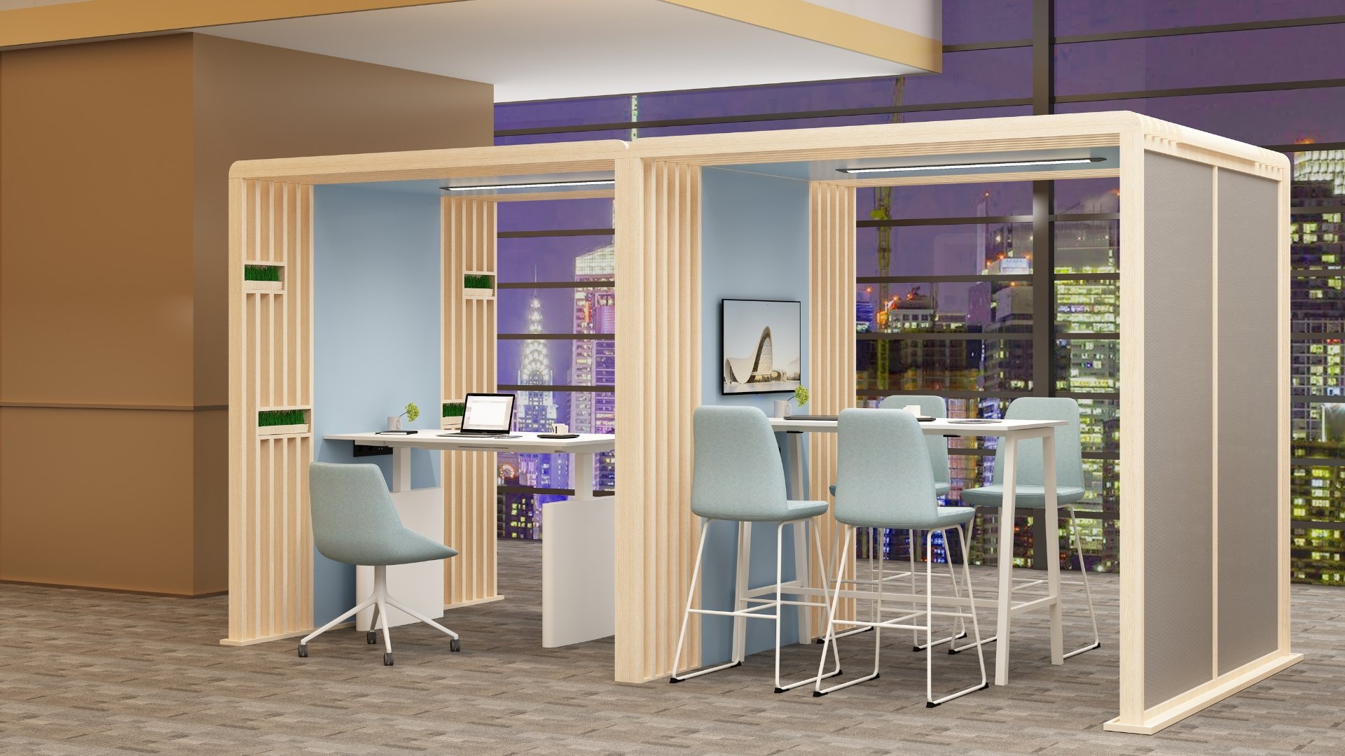 Modern office workspace with privacy booths, desks, chairs, and large city skyline windows at night.