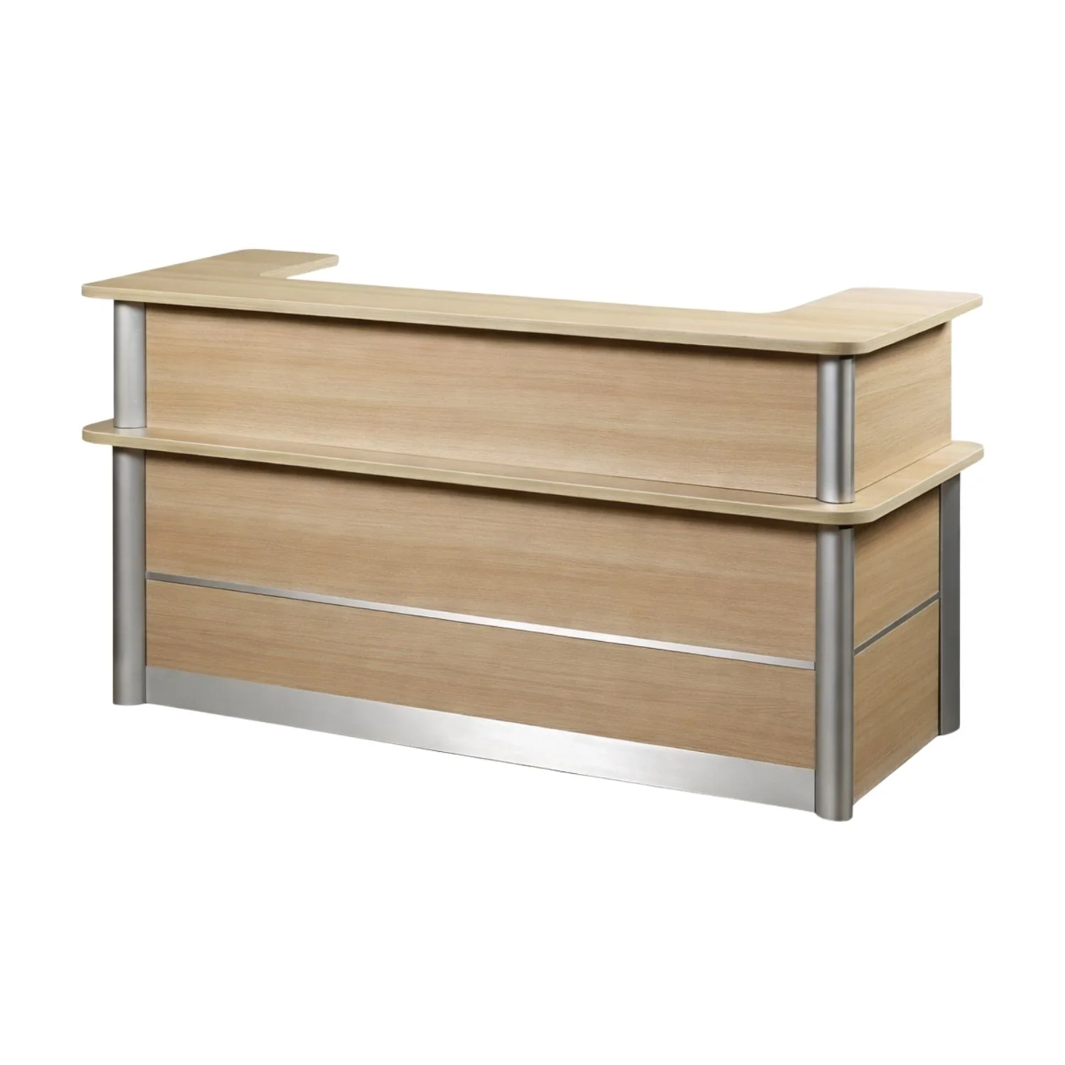 Wooden reception desk with metal supports and a raised counter platform.