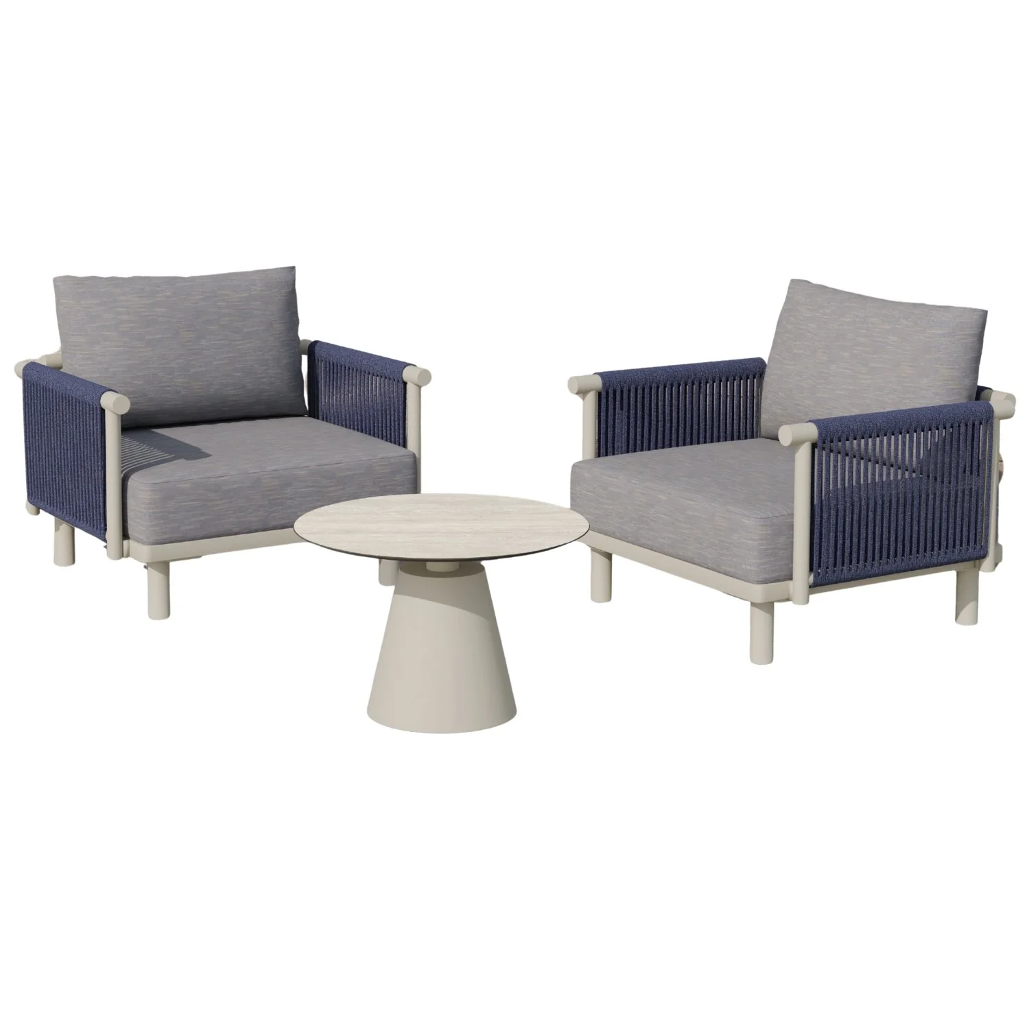 Two modern outdoor armchairs with grey cushions and navy blue woven sides, positioned around a round white table on a plain background.