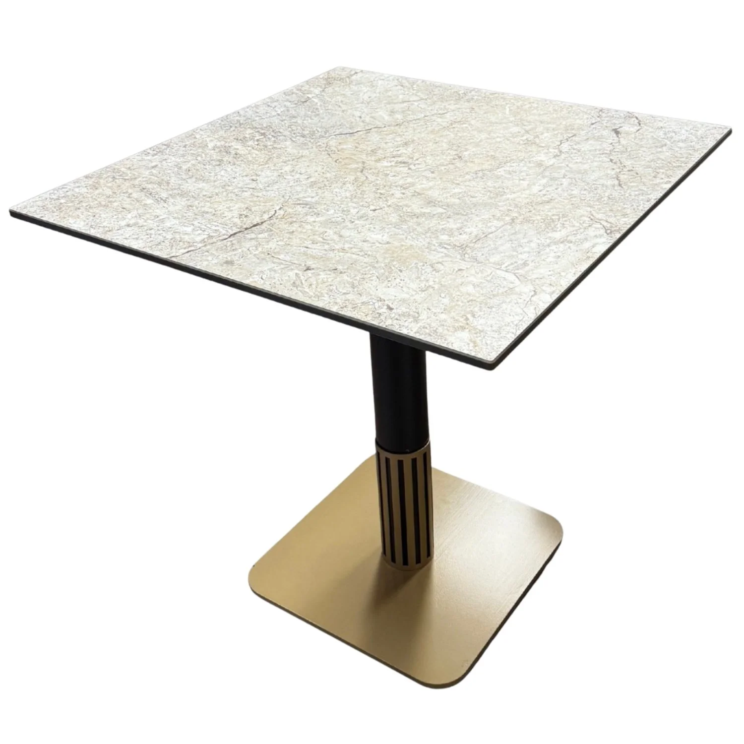 Square table with a beige marble-like top, black and gold vertical support, and a gold square base.