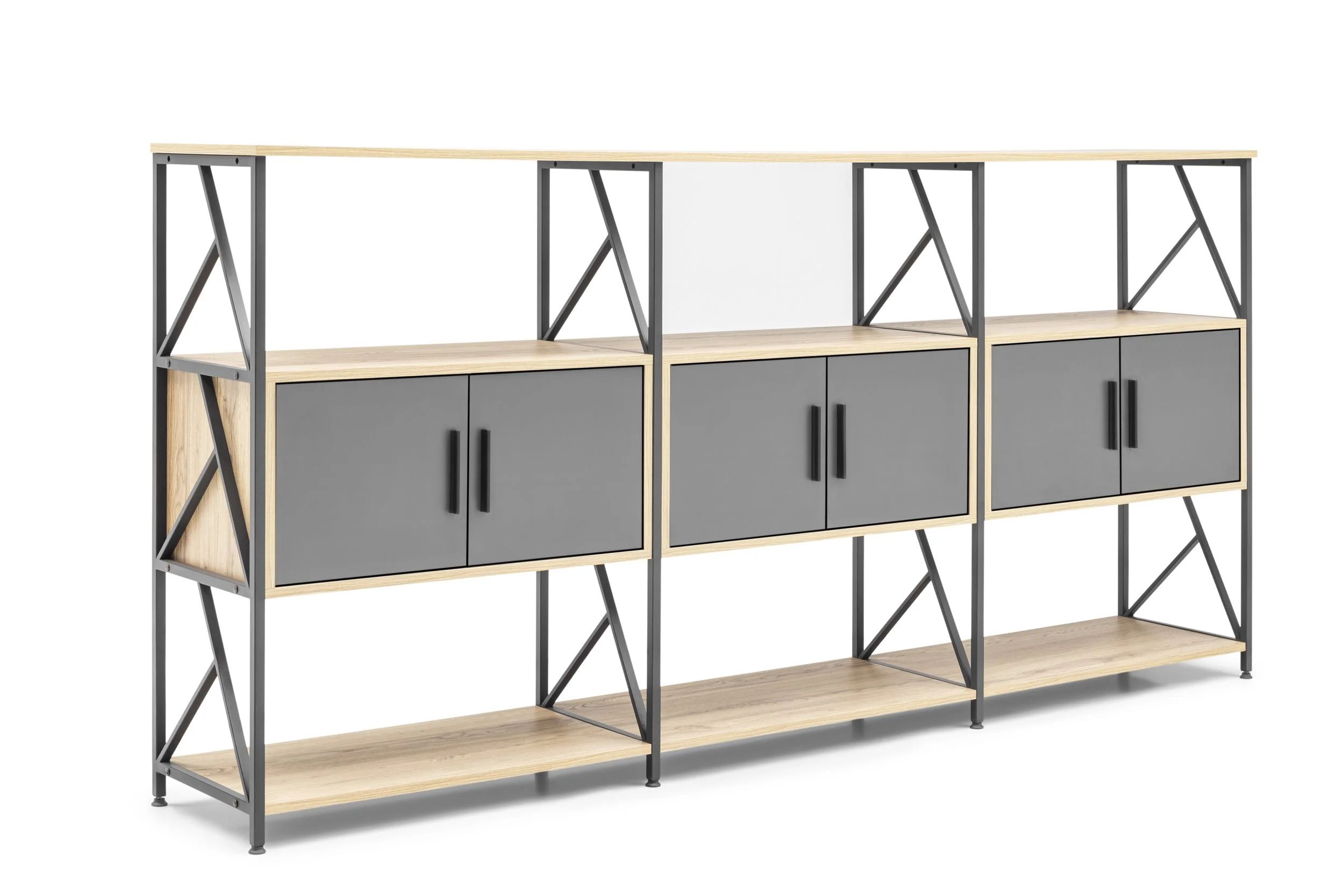 Modern shelving unit with three sections, featuring light wood and gray cabinet doors.
