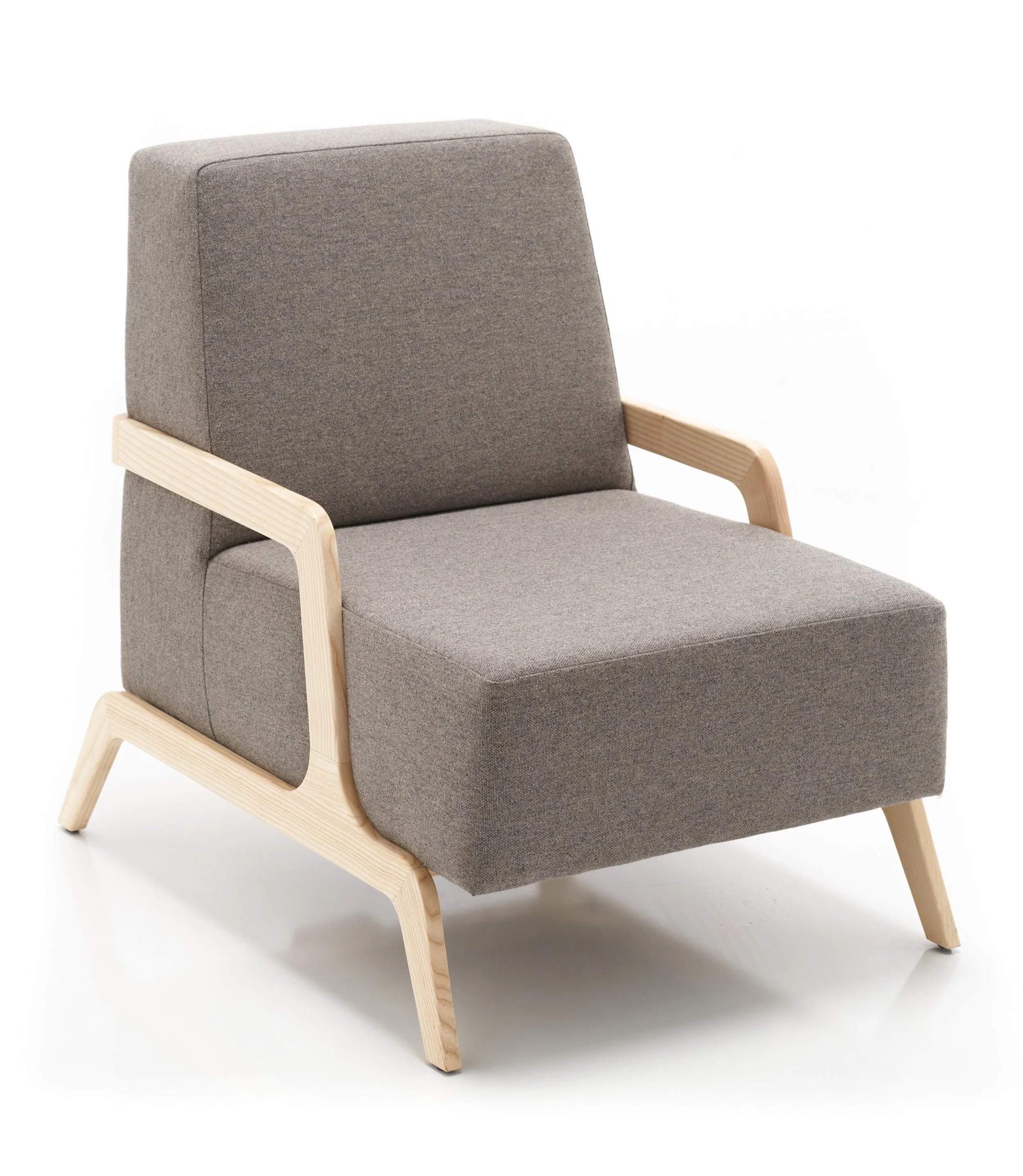 A modern gray armchair with wooden armrests and angled legs, upholstered in fabric.