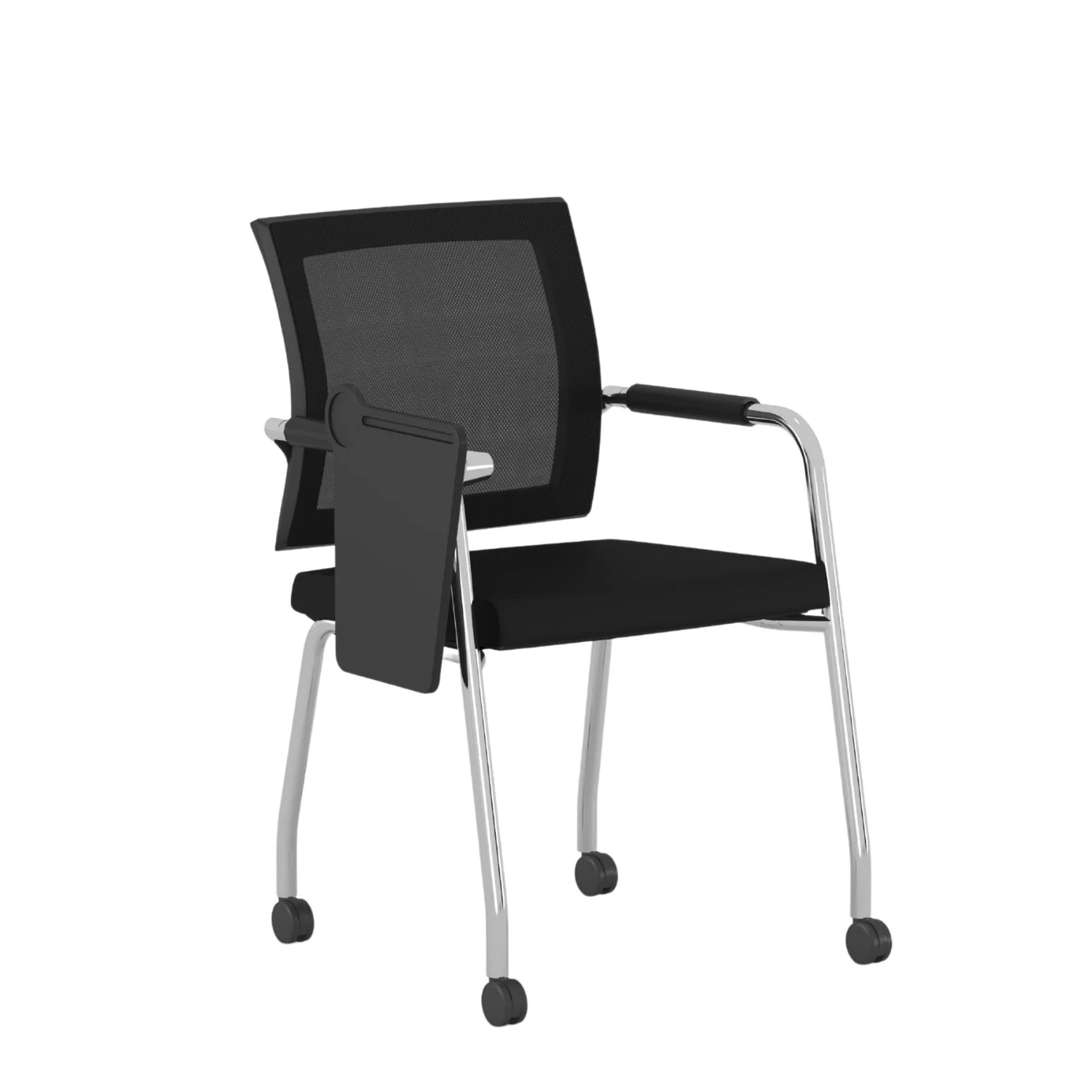 Black office chair with mesh backrest, cushioned seat, and adjustable armrests on four caster wheels.
