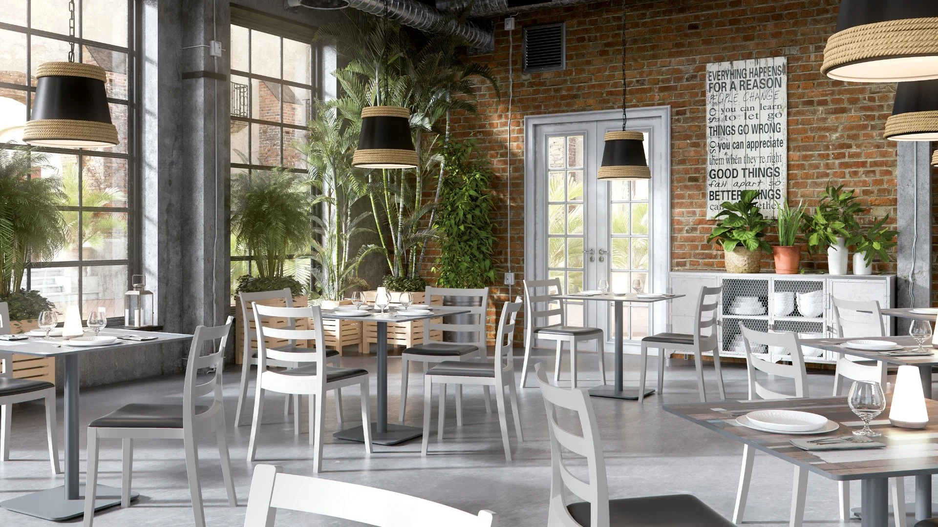 Bright, modern restaurant interior with large windows, brick walls, white tables and chairs, potted plants, and contemporary lighting fixtures.