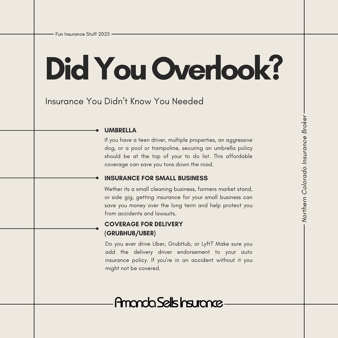 Have you overlooked these coverages?
Protect yourself by adding the appropriate policies and endorsements to your insurance plan.
Call, text, or email for an insurance quote or to make changes. Amanda@mtnstorm.com
#uber #grubhub #lyft #home #car #a