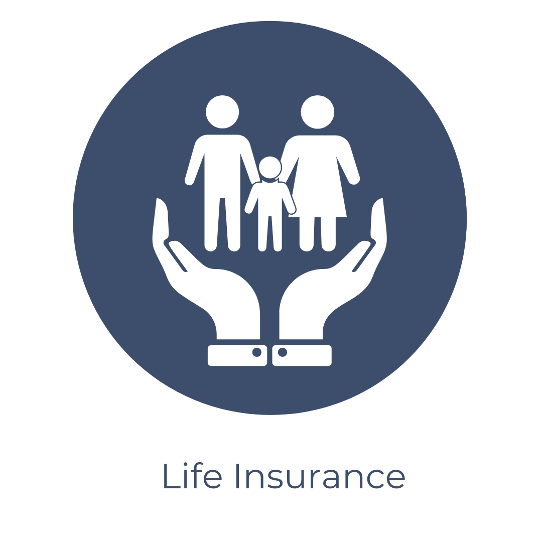 Icon of two hands holding a family of three, with the words 'Life Insurance' underneath.