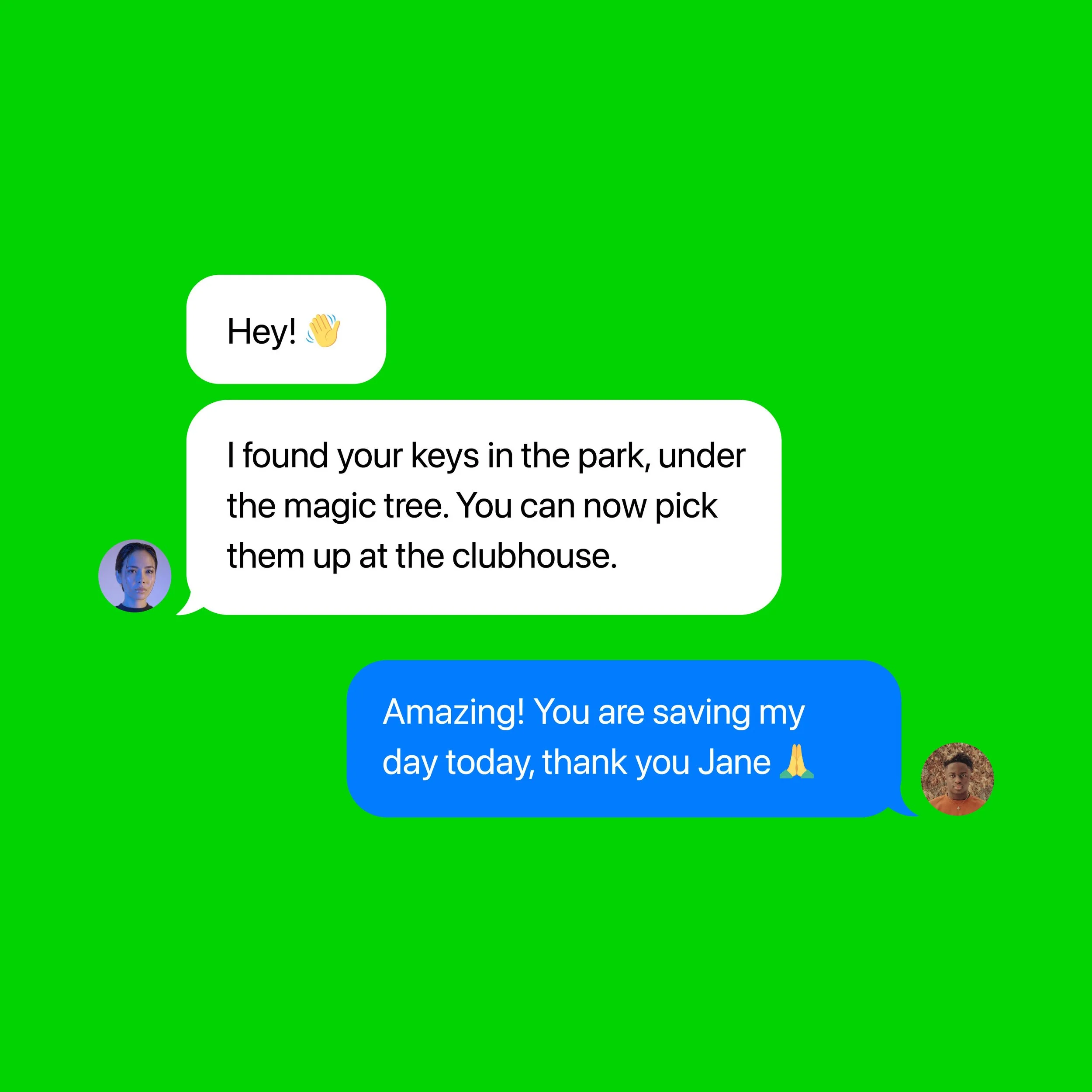 Screenshot of a text message conversation with a green background, showing two people exchanging messages about finding keys in the park and expressing gratitude.