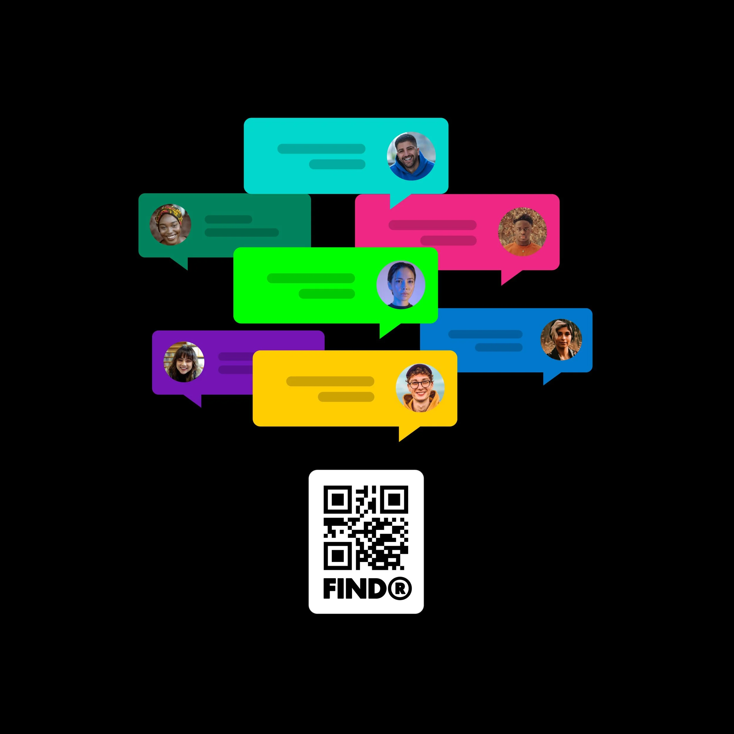 Multiple colorful chat bubbles with profile pictures of diverse people and a QR code labeled 'FINDR' on a black background.