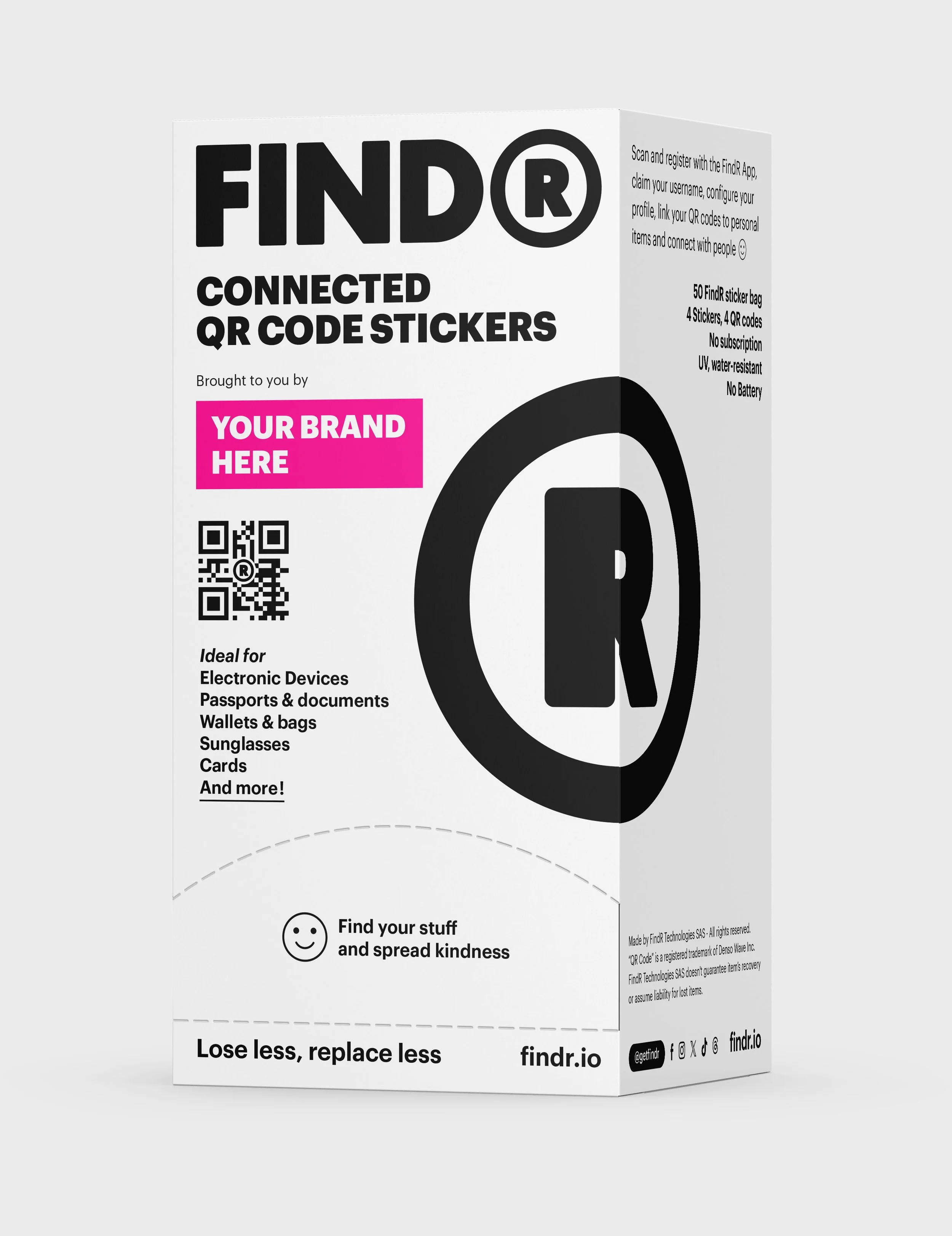 Box of Findr connected QR code stickers with customizable branding, ideal for electronic devices, passports, wallets, sunglasses, cards, and more. Includes scan instructions, features 50 stickers, and promotes item recovery.