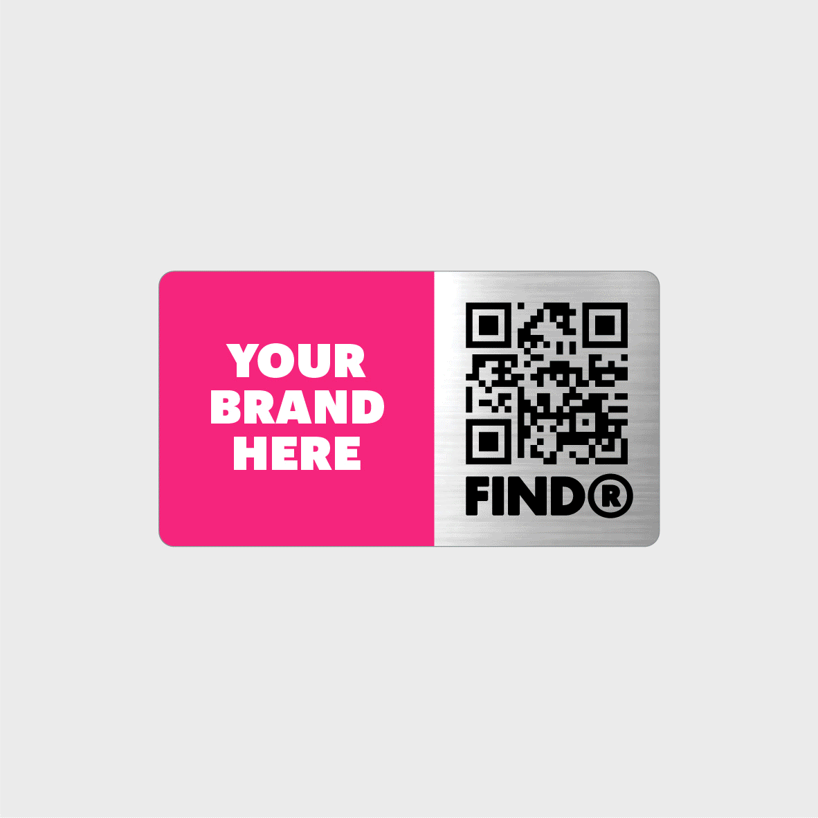 Customizable label with QR code and text "Your Brand Here" on pink background.